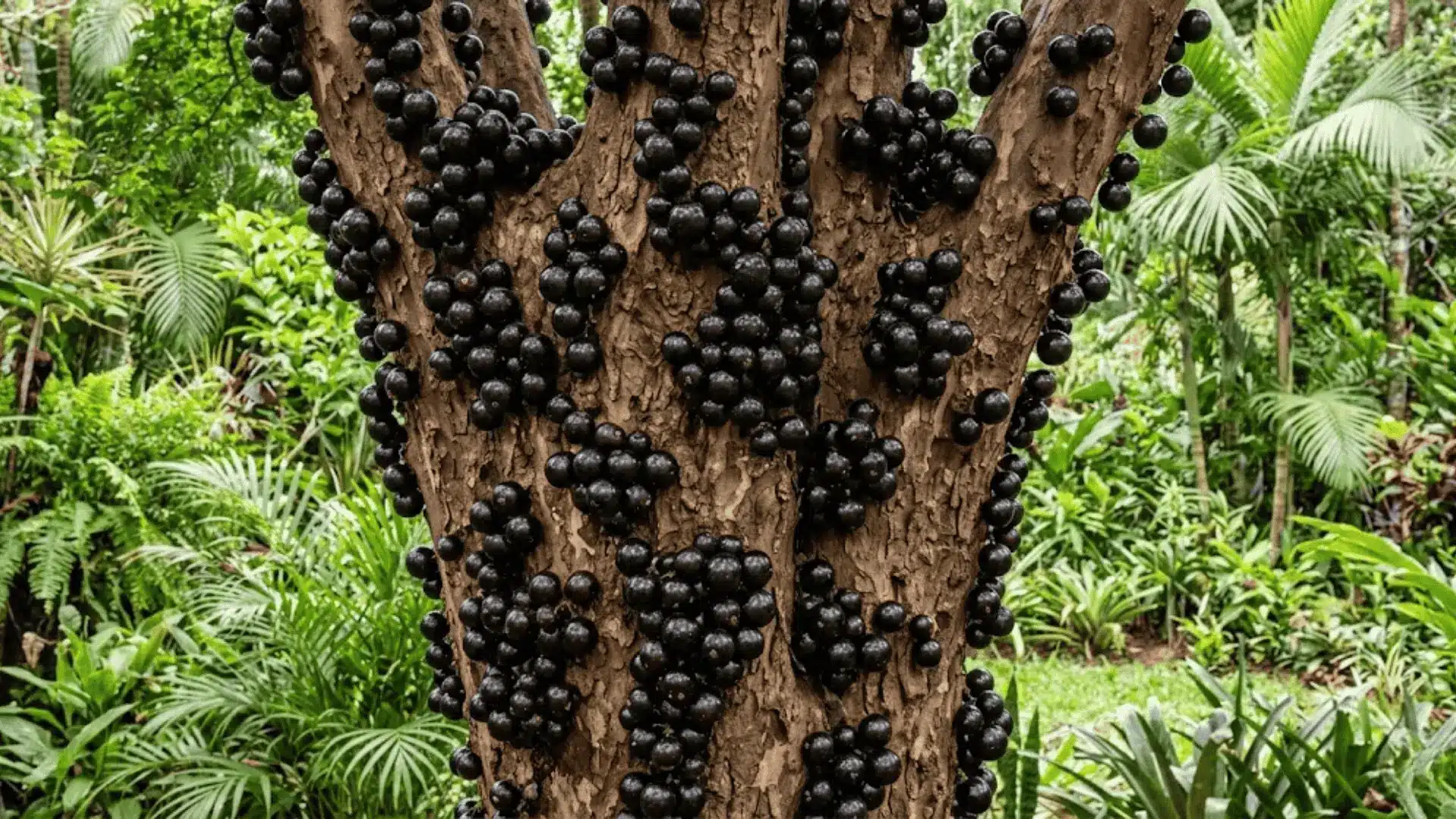 ripe jabuticaba fruits growing directly on tree trunk in a brazilian garden