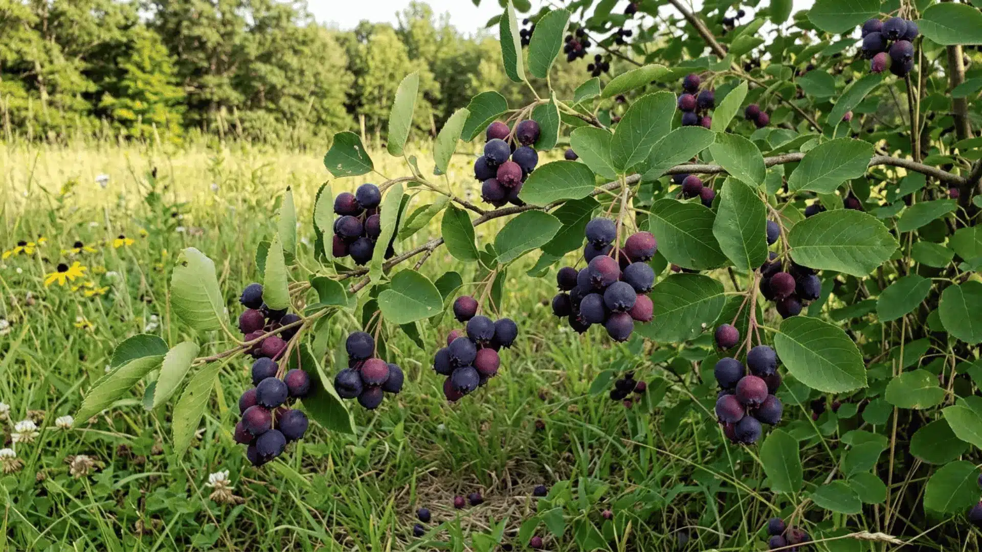 ripe juneberries in purple and red clusters on a wild shrub in a sunlit meadow setting