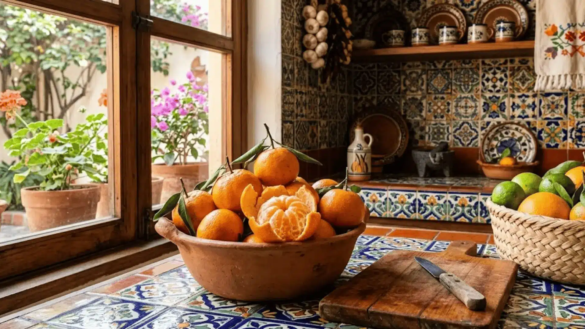 ripe mandarin oranges in a clay bowl on a talavera-tiled mexican kitchen counter