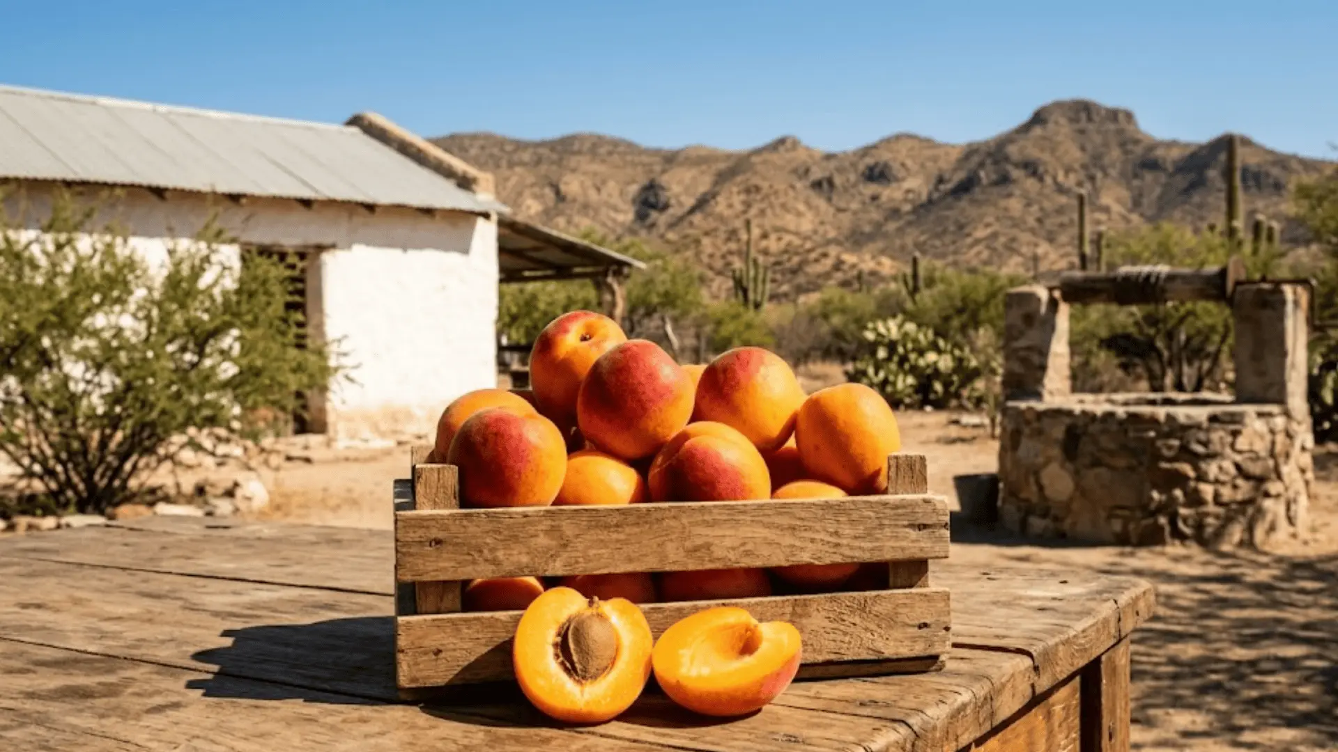 ripe mexican apricots in a wooden crate at a sonora farmstead, one split open showing golden flesh