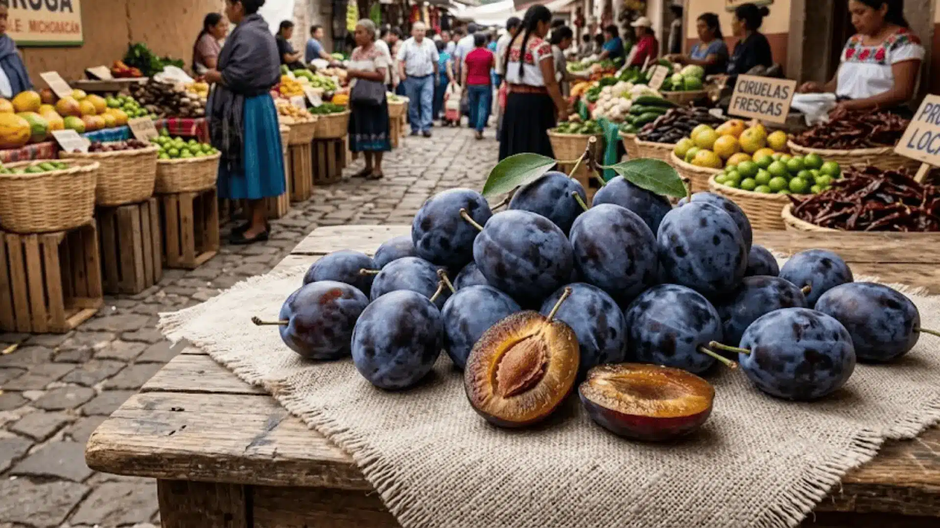 ripe purple mexican plums on linen cloth at a michoacán market, two halved showing red flesh