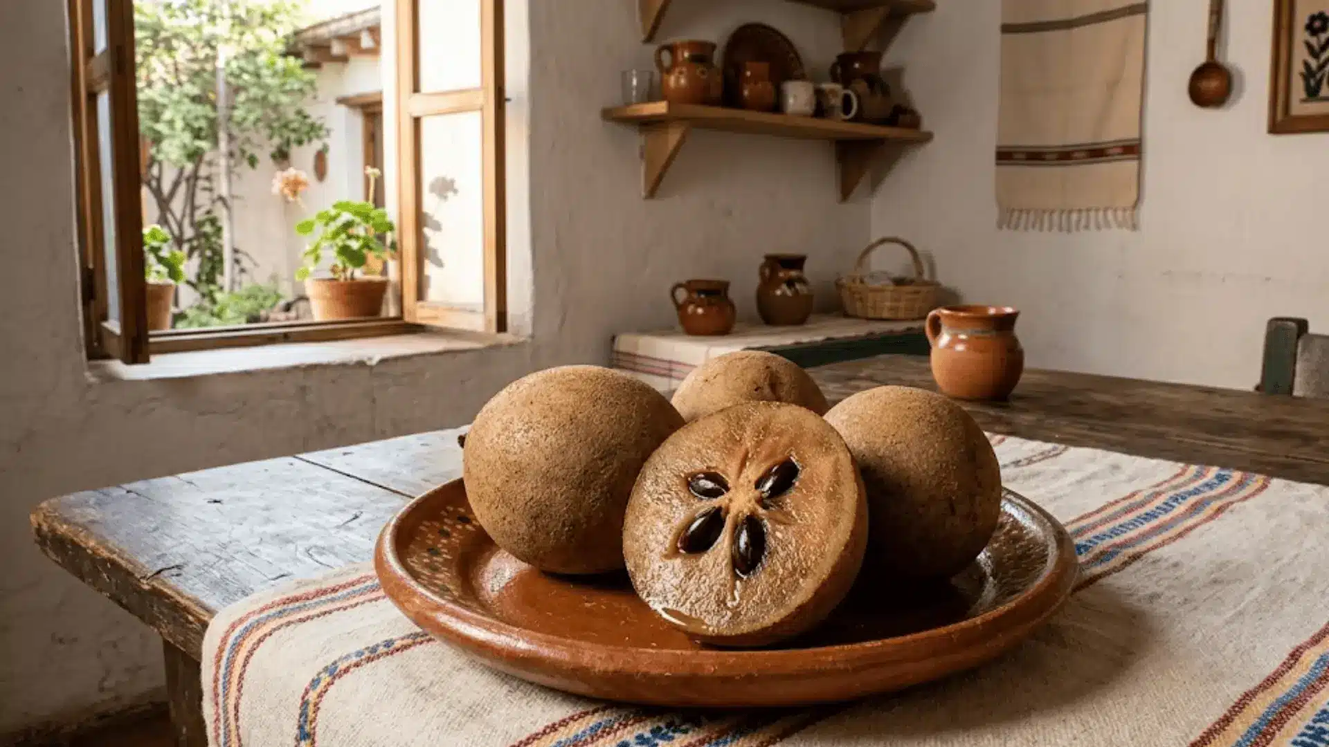 ripe sapodillas on a clay plate, one halved showing grainy brown flesh and black seeds