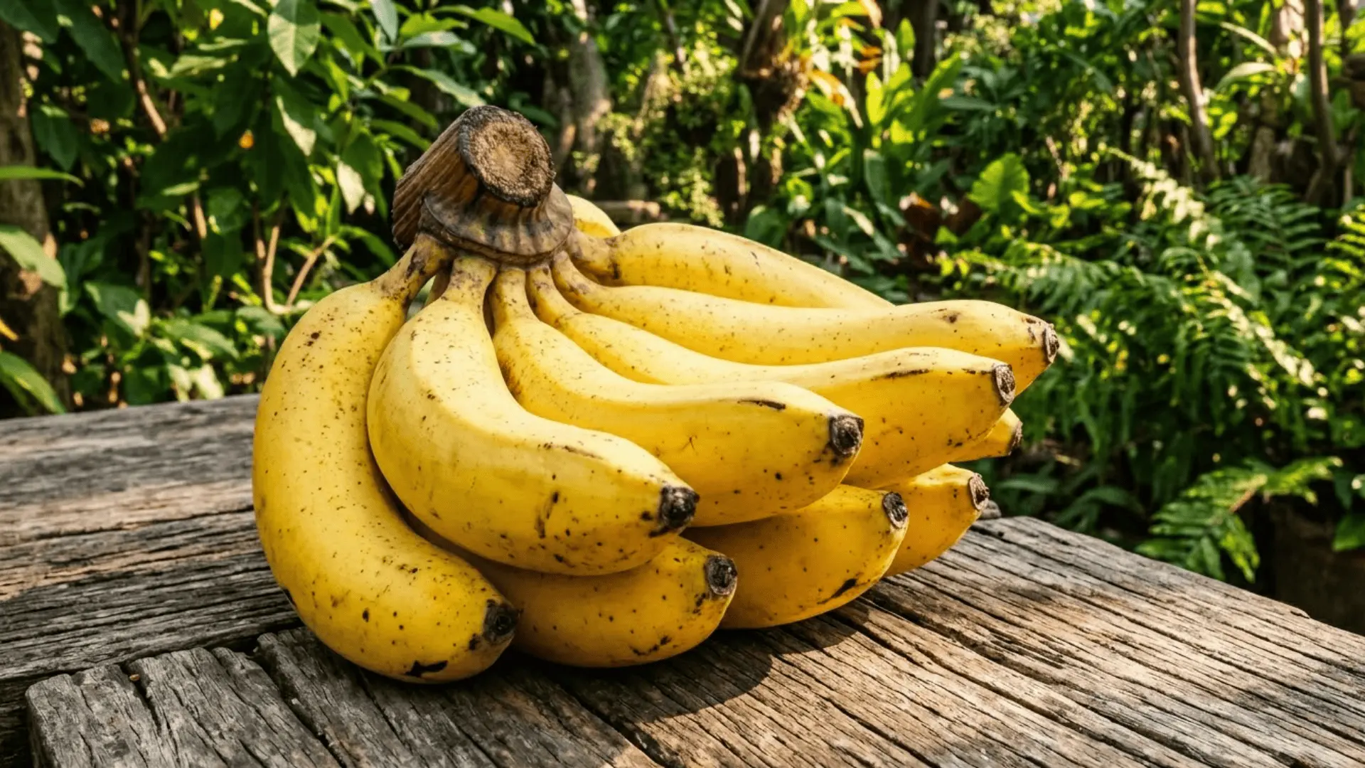 ripe yellow banana cluster on a rustic wooden surface with natural garden background