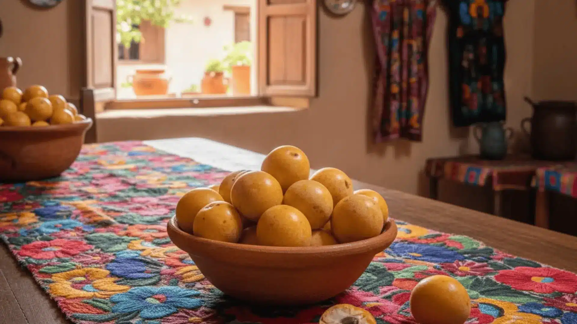 ripe yellow nance berries in a ceramic bowl on a woven cloth in a traditional oaxacan home