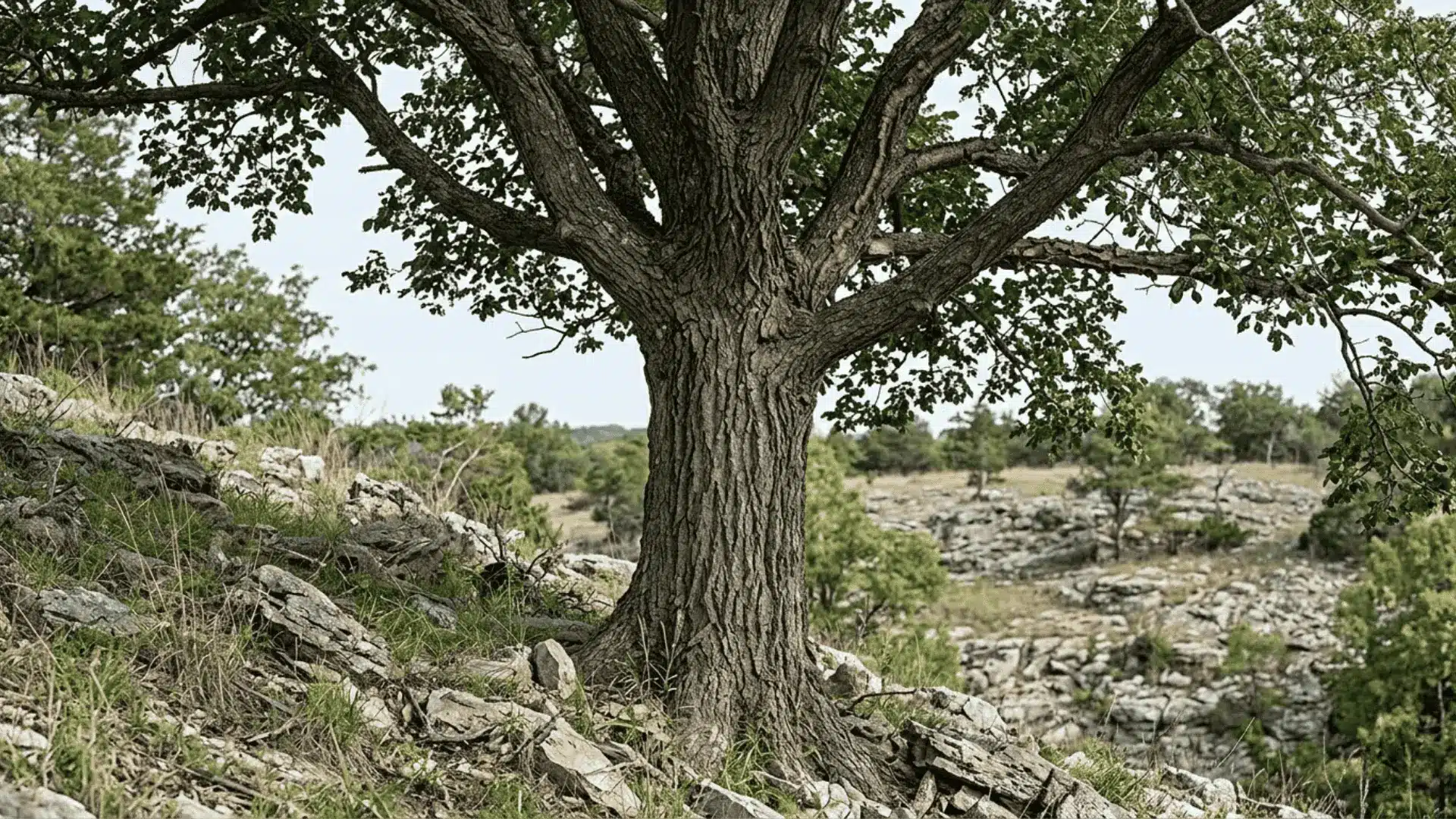 rock elm tree with dense heavy branching growing on a rocky upland slope with rugged terrain background