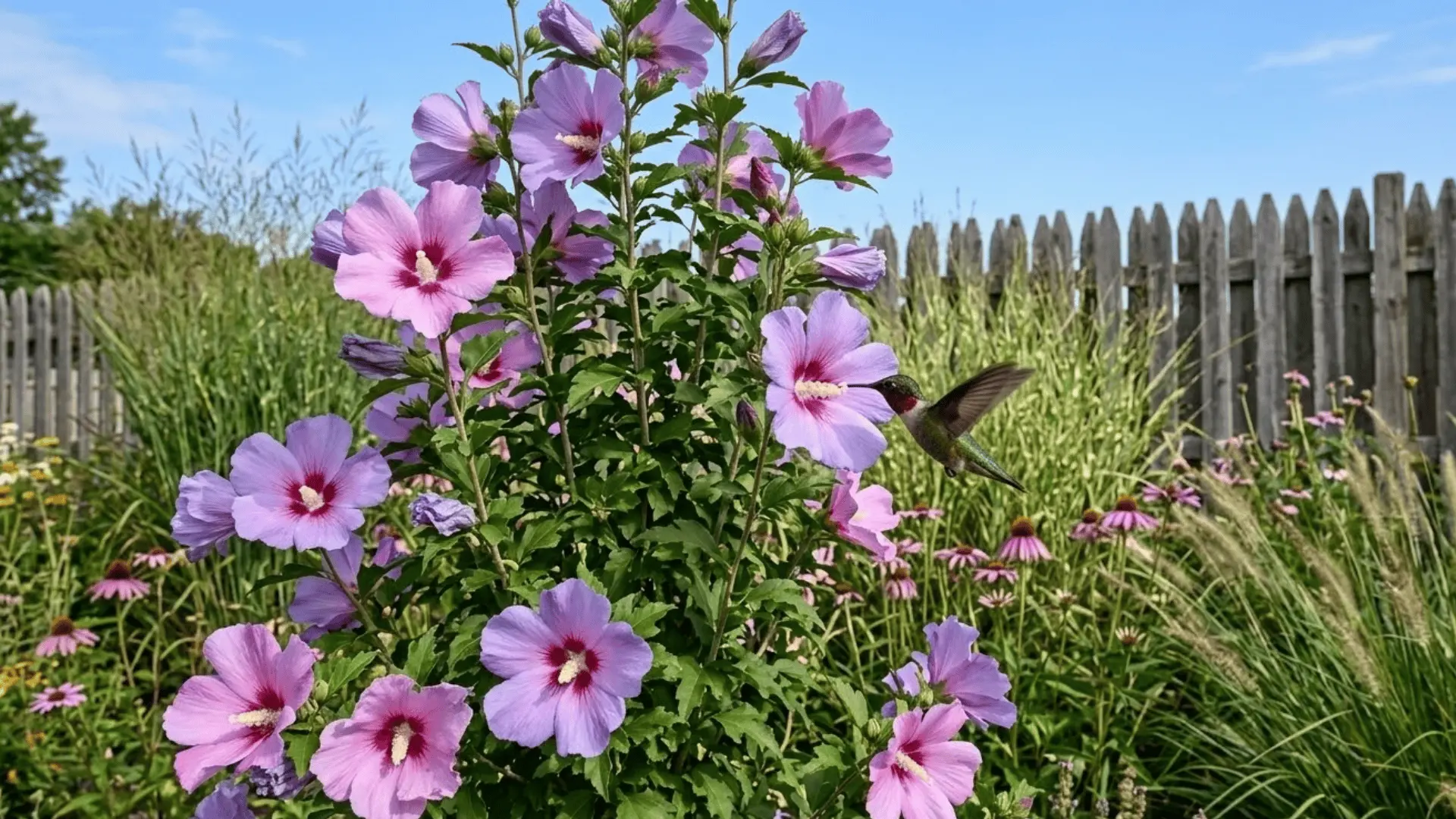 rose of sharon shrub in late summer bloom with lavender flowers and a hummingbird visiting
