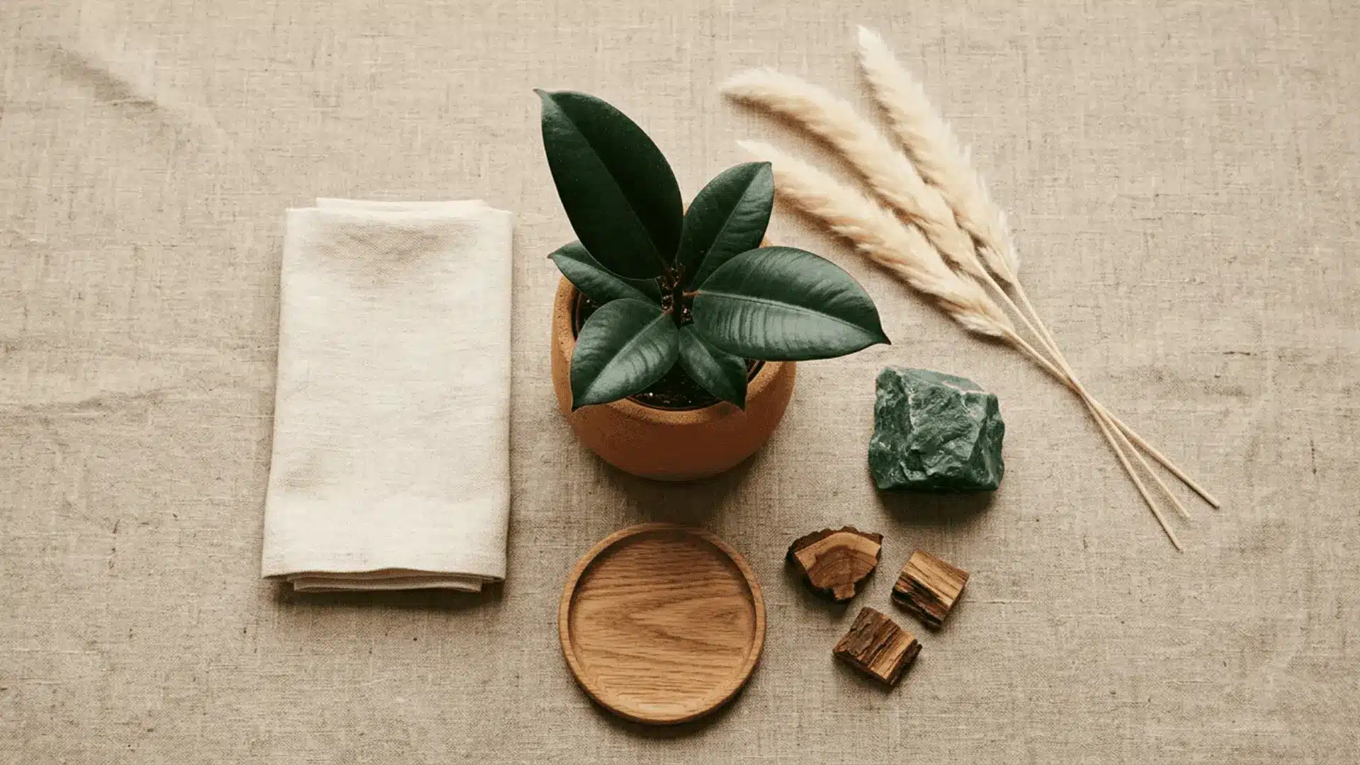 rubber plant feng shui setup with ceramic pot wooden elements and earthy styling