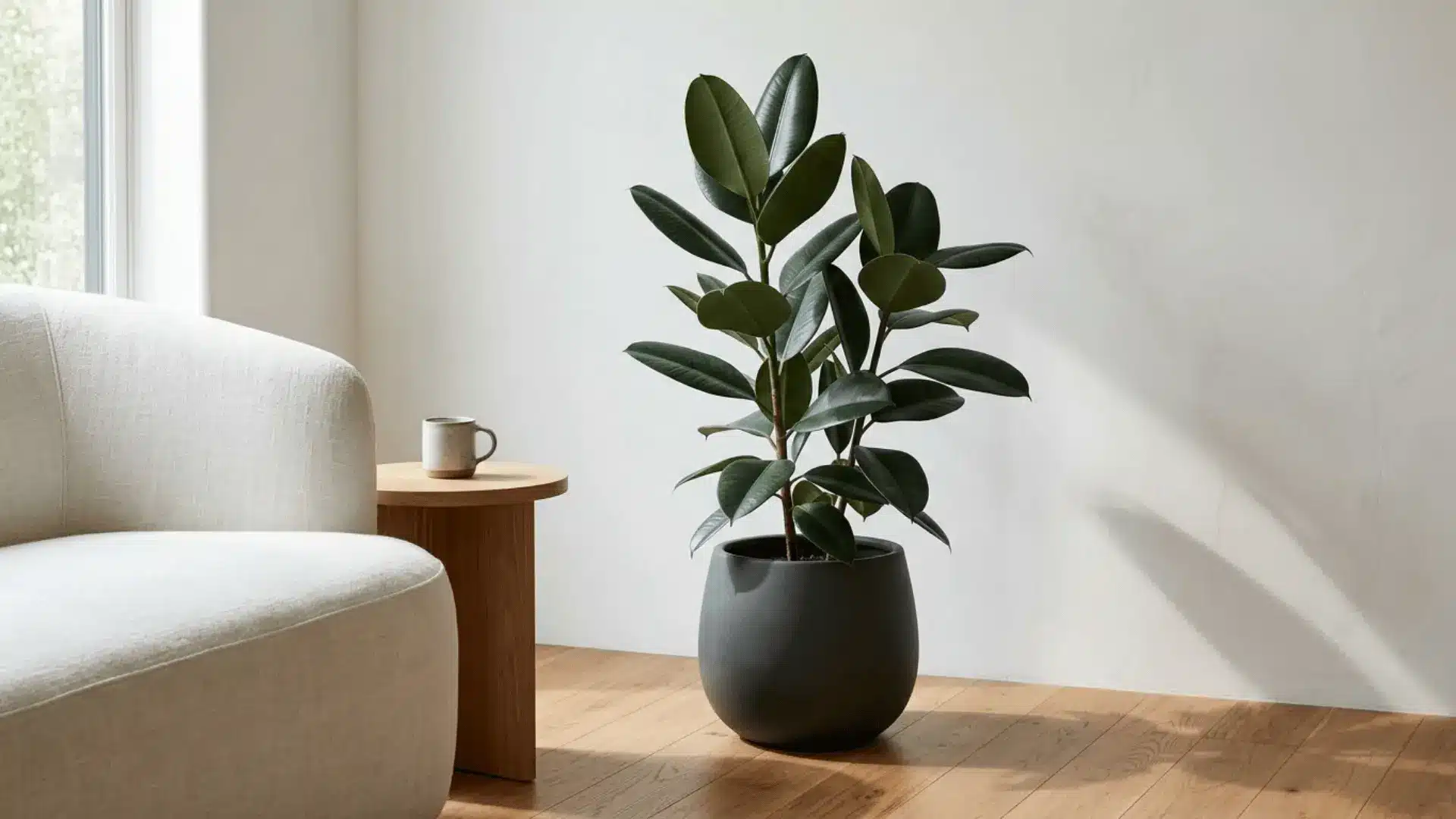 rubber plant in a calm sunlit living room corner with linen sofa and oak floor