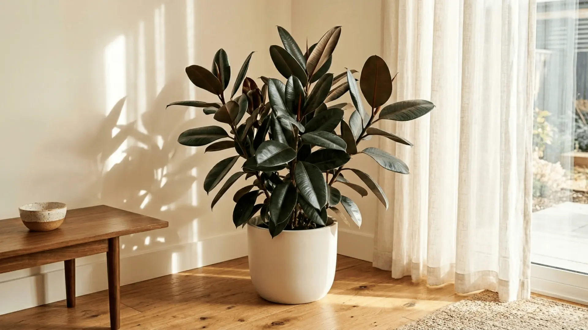 rubber plant in feng shui wealth corner with natural light and wooden floor
