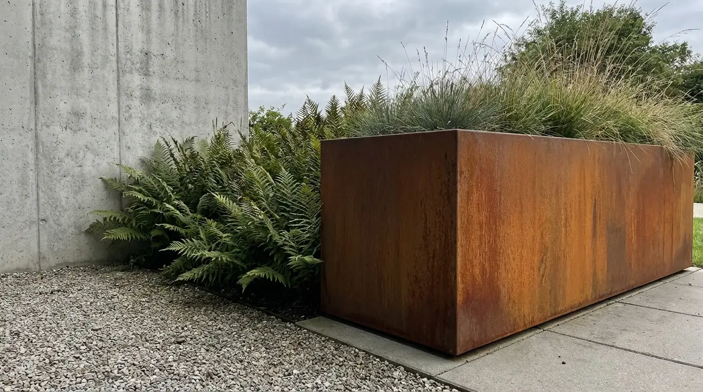 Rustic metal planter with ferns and grasses beside concrete wall outdoors