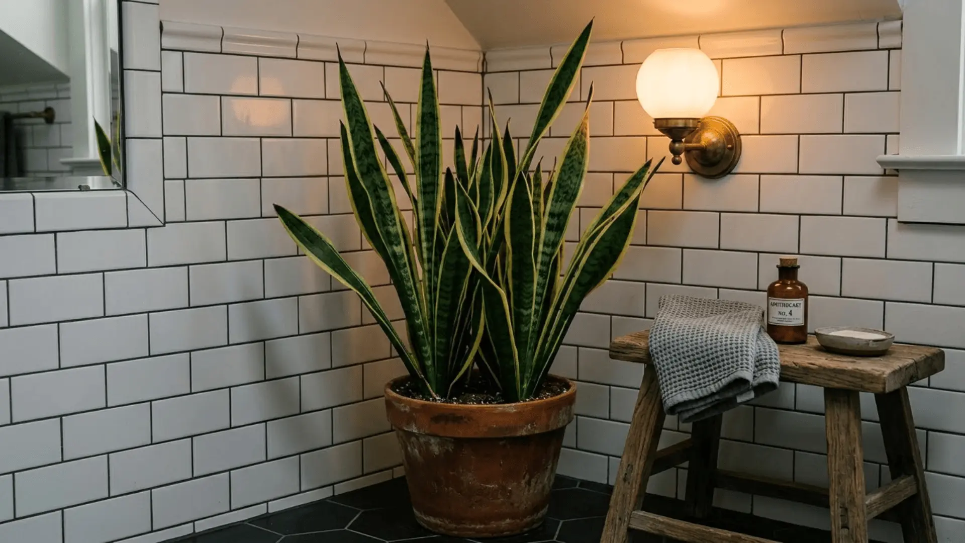 sansevieria trifasciata in a terracotta pot in a dimly lit bathroom corner with white tile walls