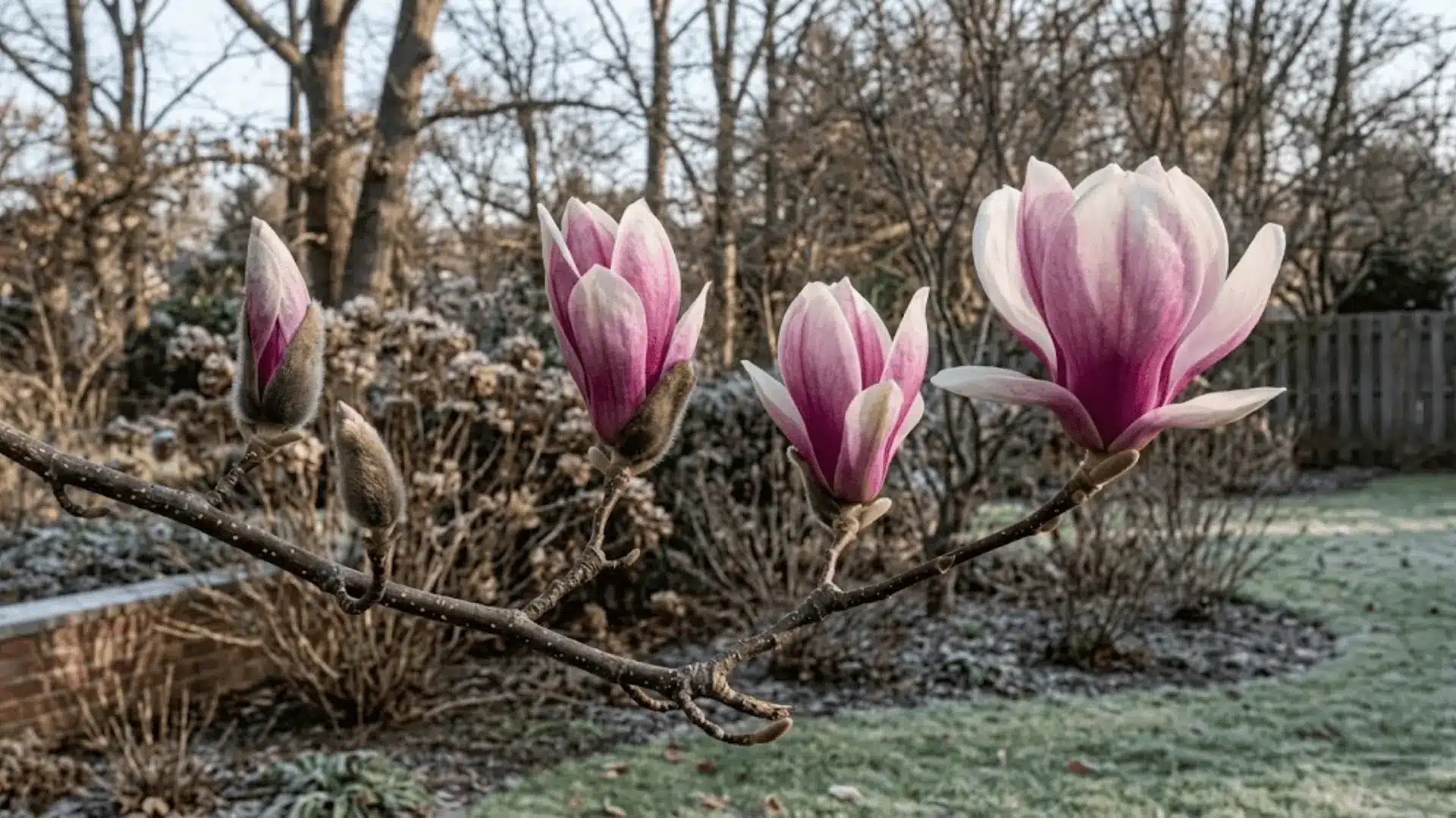 saucer magnolia branch with pink purple blooms at varying stages of opening on a bare branch in early spring