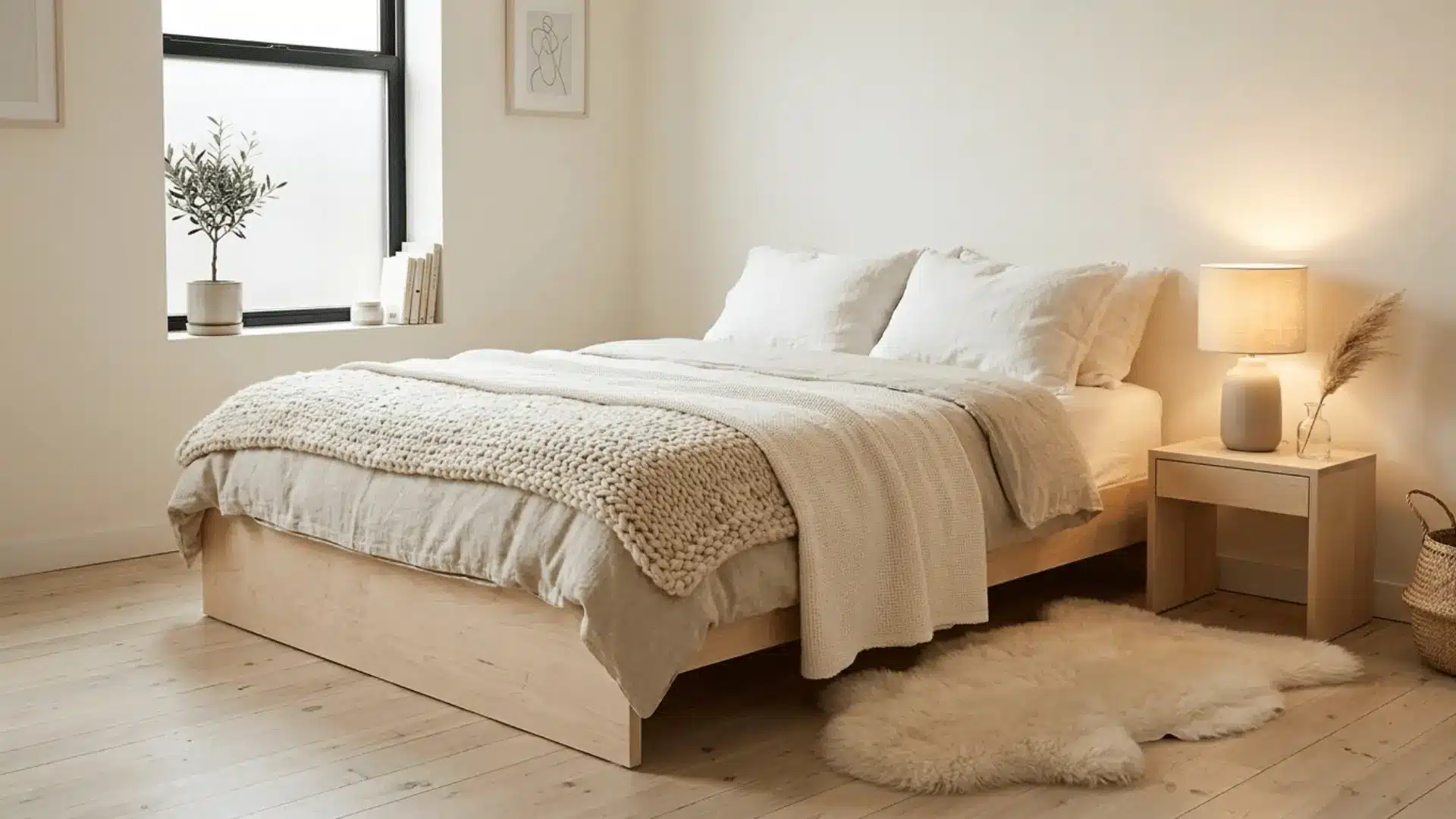 scandinavian bedroom with creamy white walls, birch bed frame, layered linen bedding, and sheepskin rug