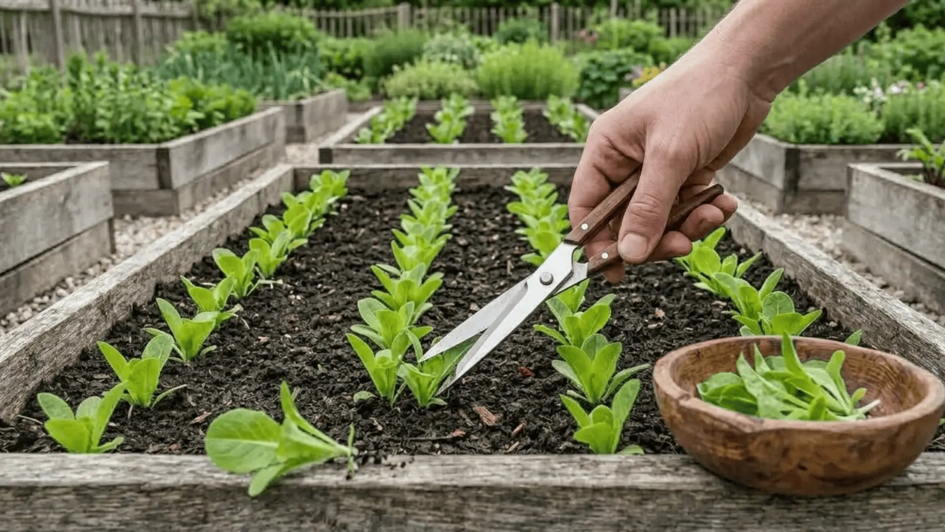 scissors thinning crowded lettuce seedlings at soil level with fresh cuttings collected in a small wooden bowl
