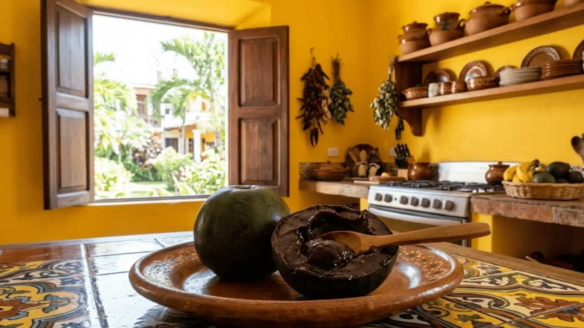 scooped open black sapote showing dark chocolate-brown flesh on a plate in a veracruz kitchen