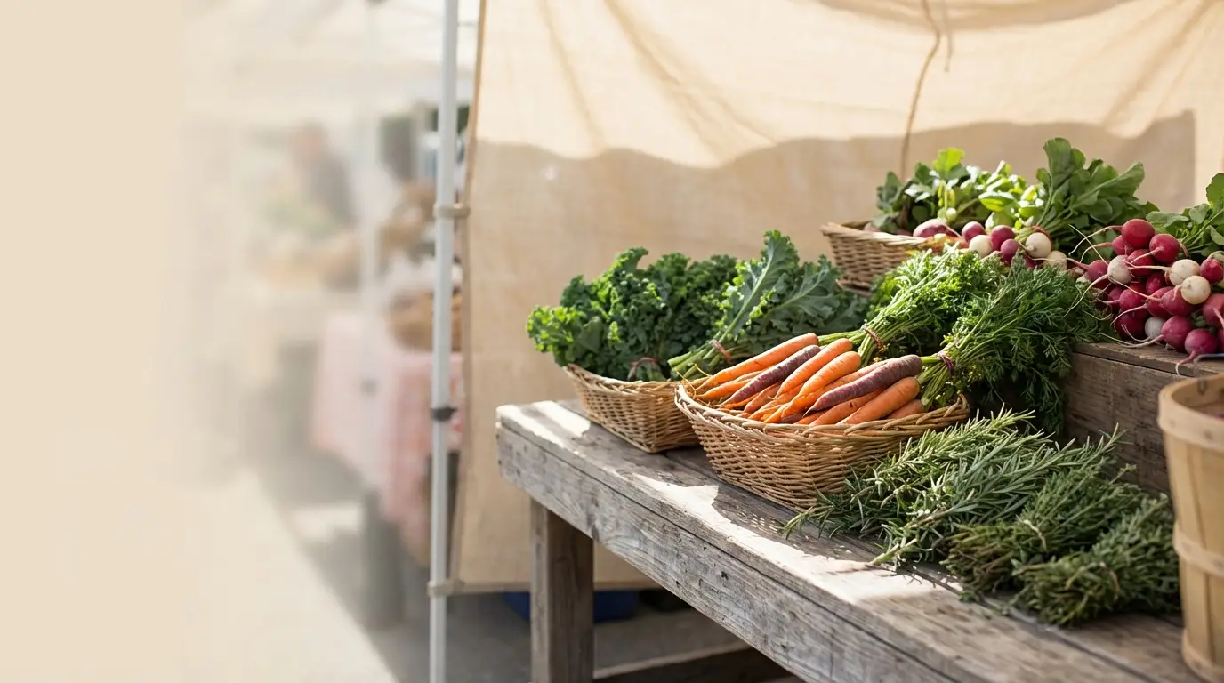 Fresh carrots, kale, and radishes in baskets on rustic wooden market table outdoors