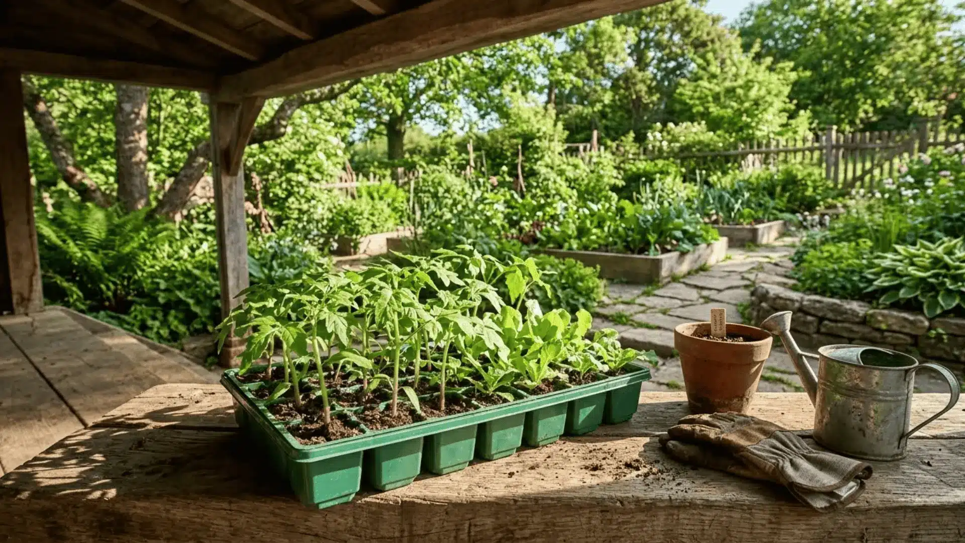 seedling trays placed on a shaded porch step during hardening off with a sunlit garden visible in the background