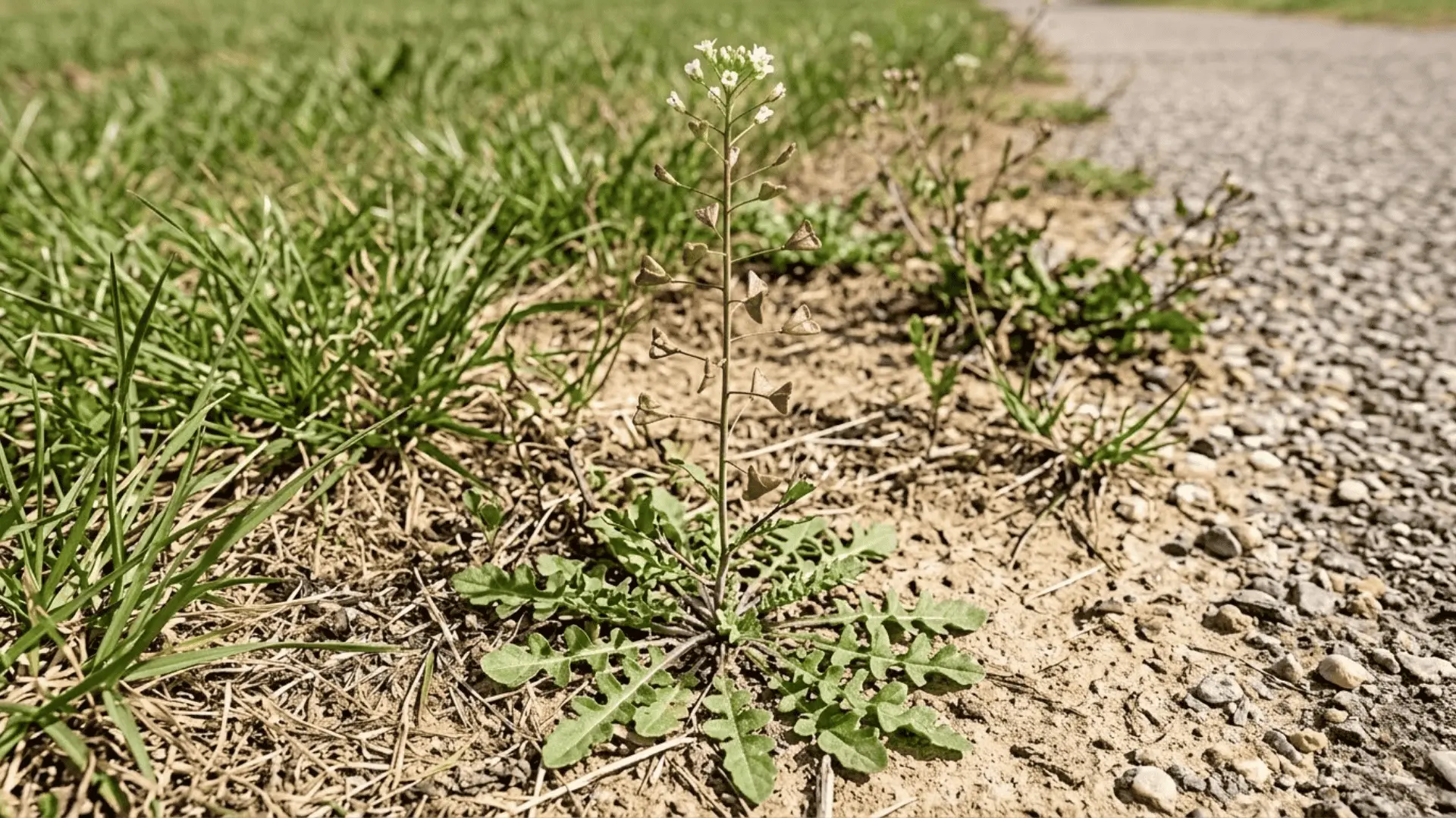 shepherd's purse with lobed rosette leaves, white flowers, and distinctive heart-shaped seed pods in dry soil