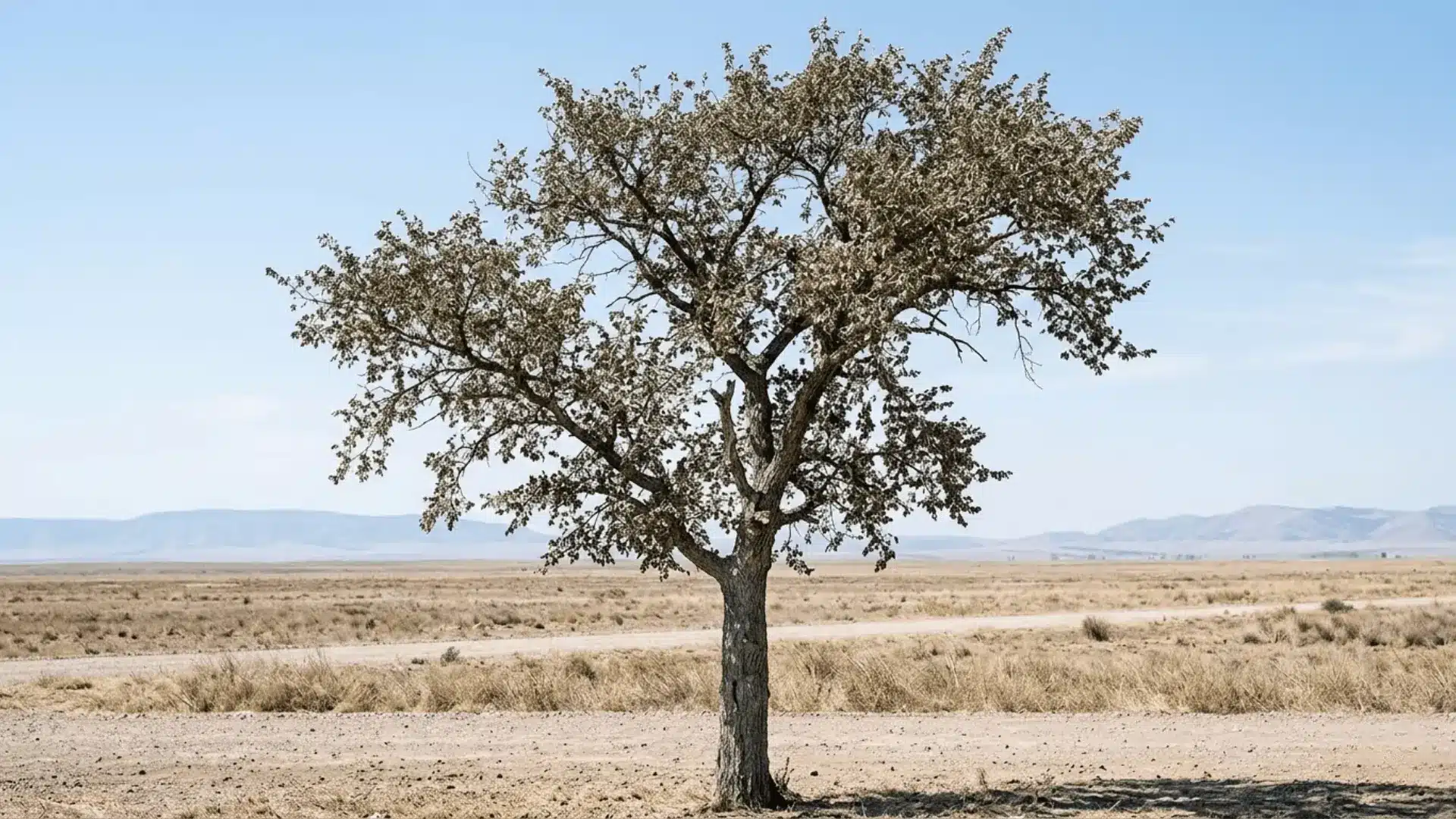 siberian elm tree growing alone along a dry arid roadside with sparse vegetation and open plains background