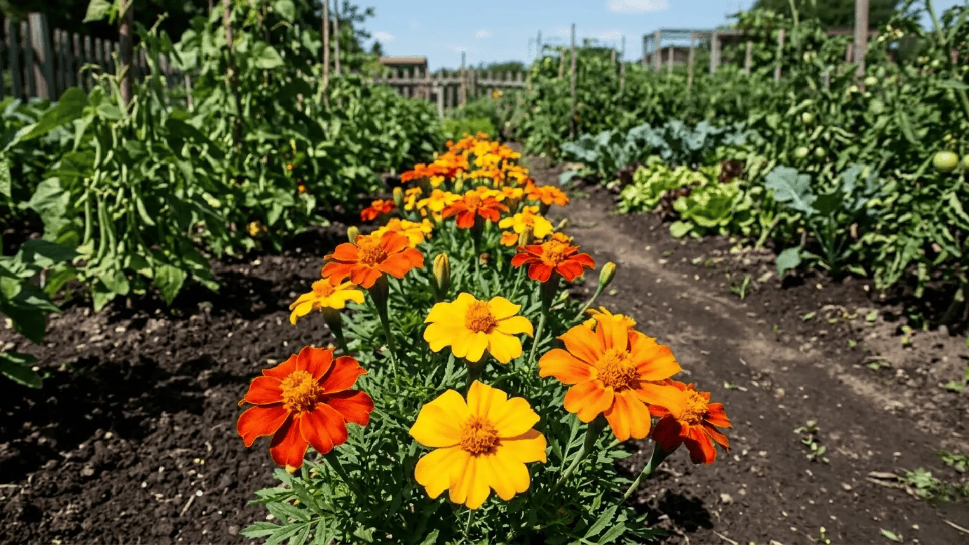 single-flowered marigolds in deep orange and golden yellow photographed in full midday sun in a cottage garden