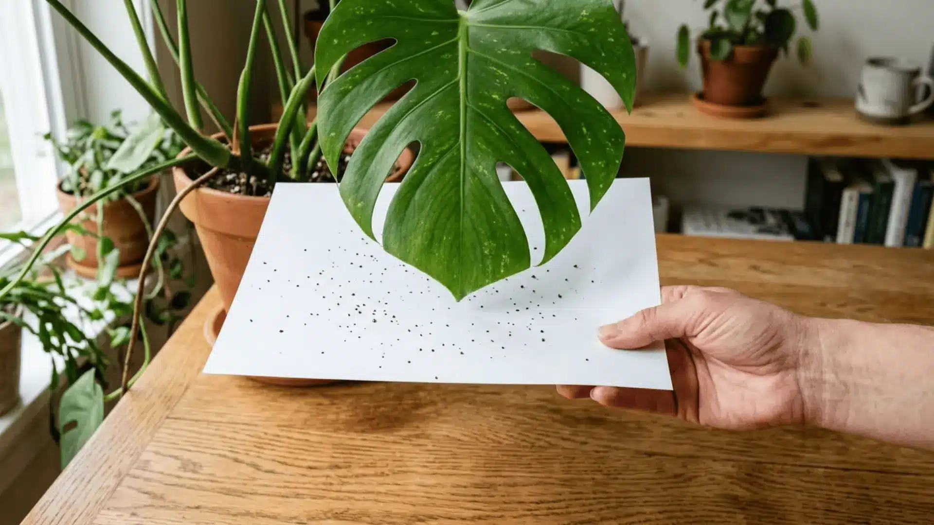 single hand holding white paper under monstera leaf with tiny dark spider mite specks visible on paper surface