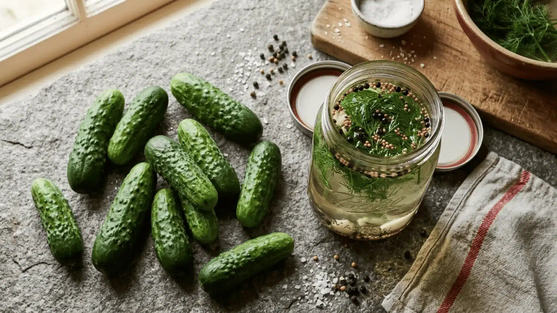 small bumpy pickling cucumbers beside a glass mason jar with brine dill and peppercorns on stone surface