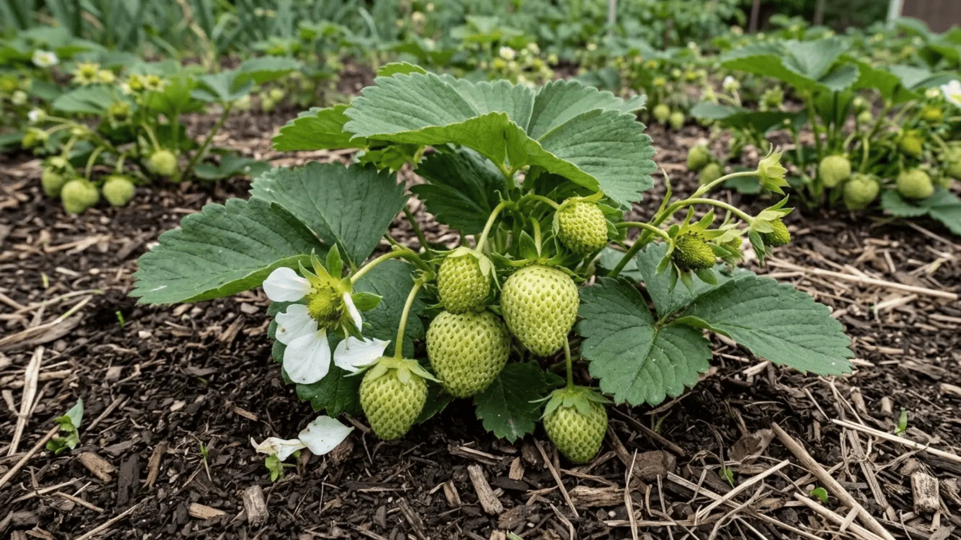small green strawberries forming on a plant after pollination with visible texture and surrounding leaves