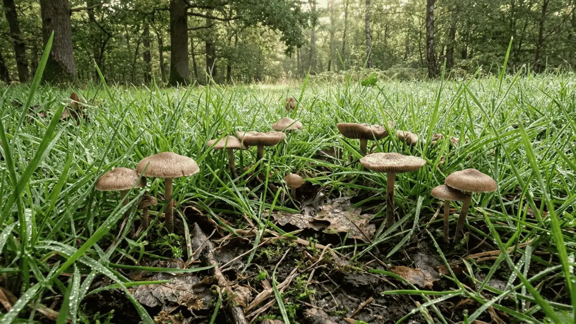 small wild mushrooms growing in a dewy green lawn on a soft morning with golden natural light