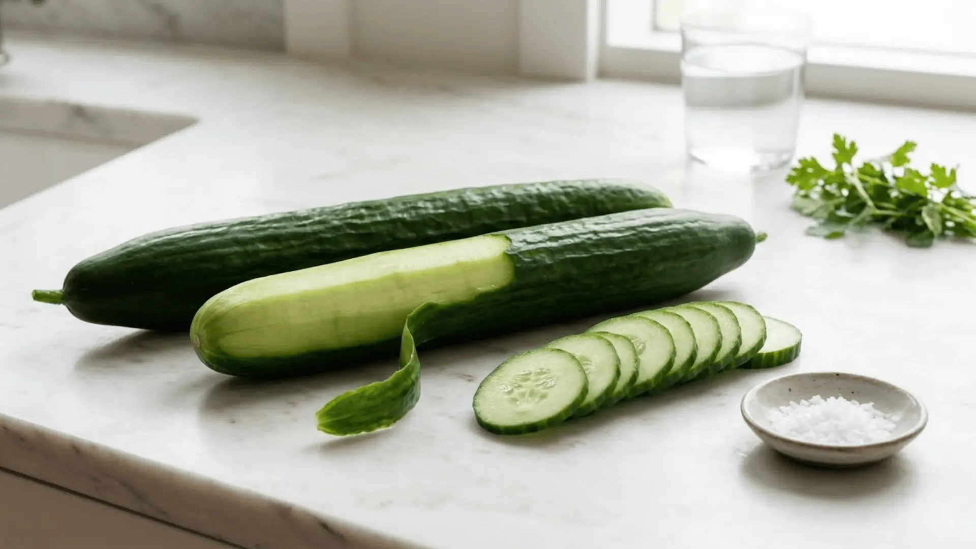 smooth english cucumbers on marble surface with thin sliced rounds and a small dish of sea salt nearby