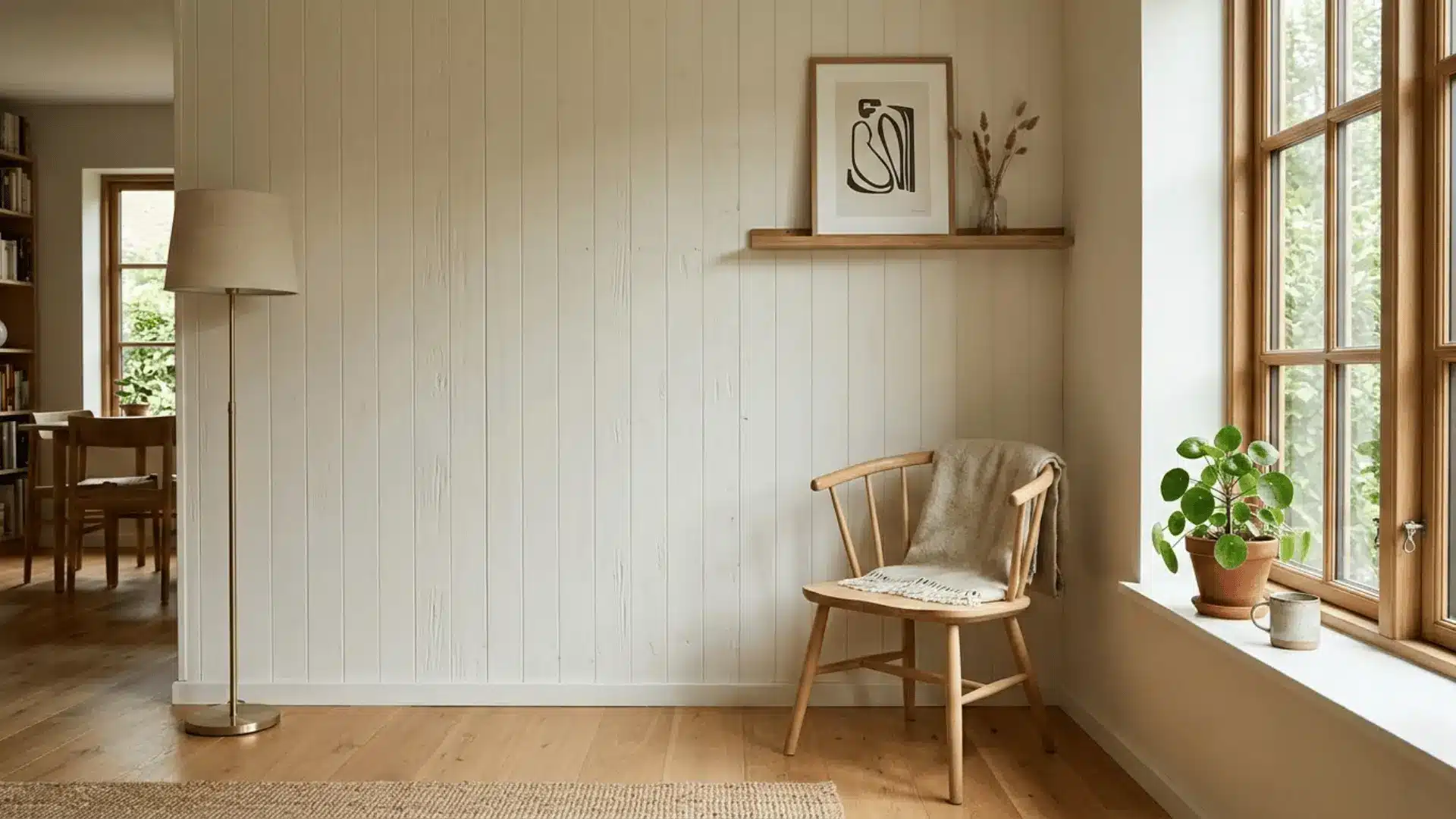 smooth interior plywood wall paneling in a bright scandinavian-style living room with natural light