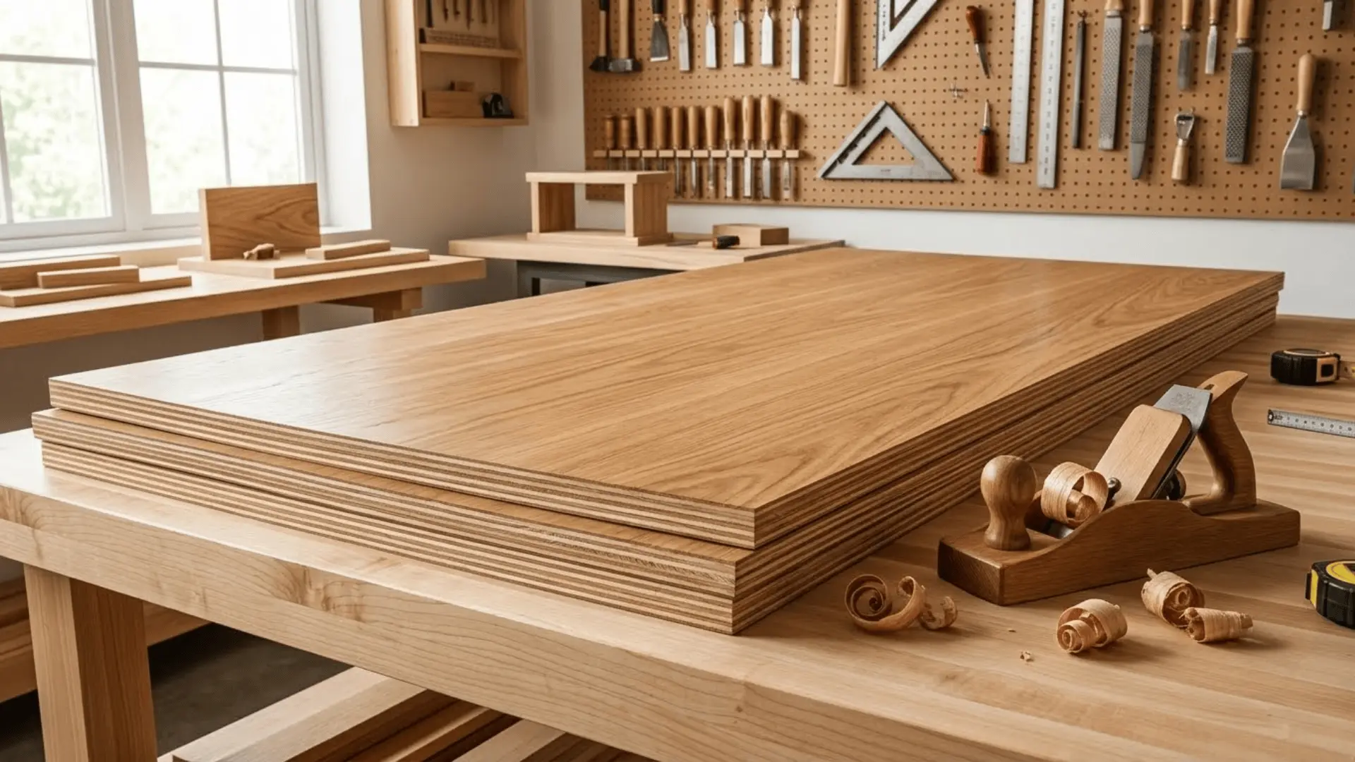 smooth oak veneer hardwood plywood panel on a woodworking workshop bench in natural light