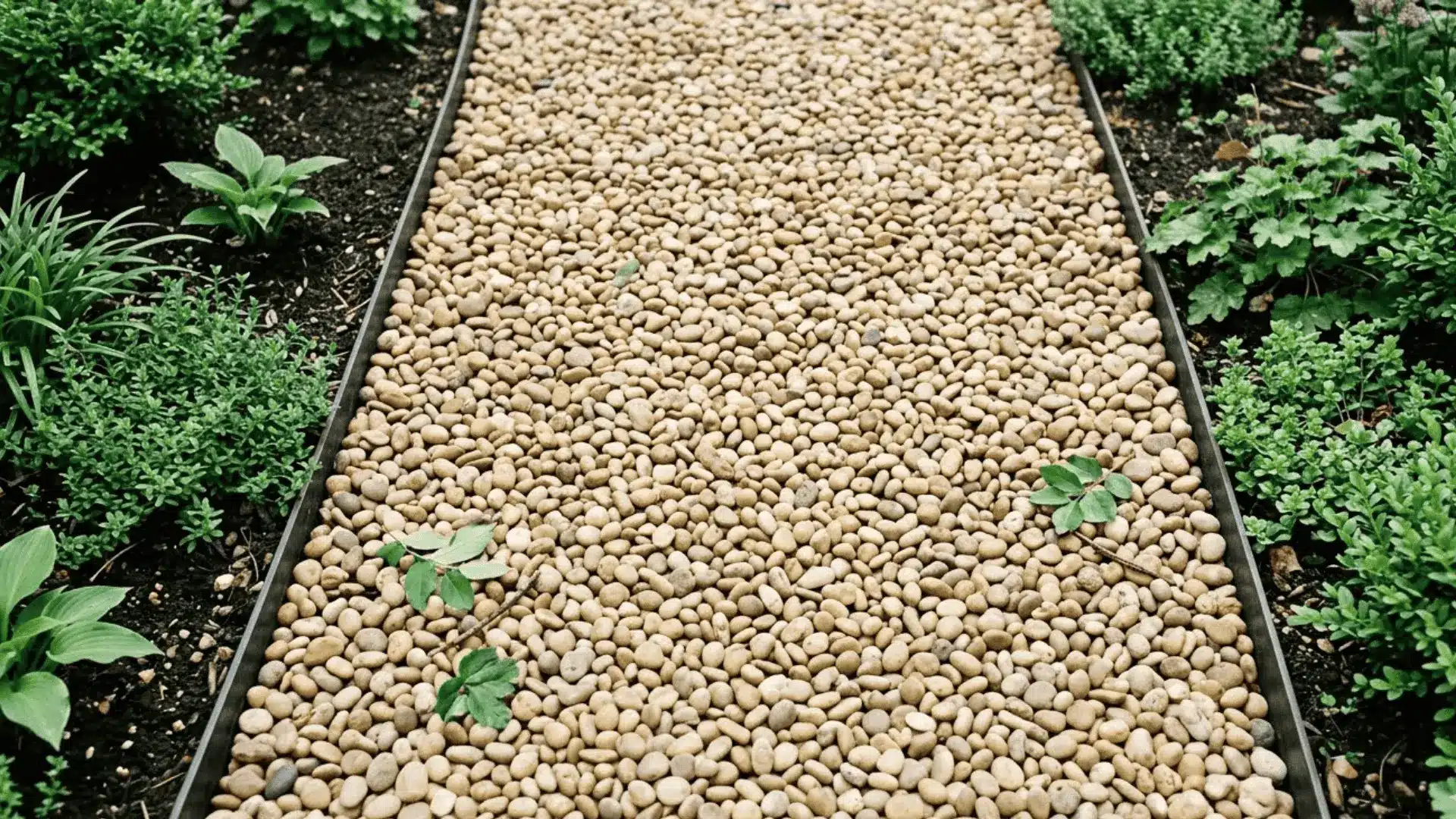 smooth rounded pea gravel spread along a garden pathway between low green plant borders