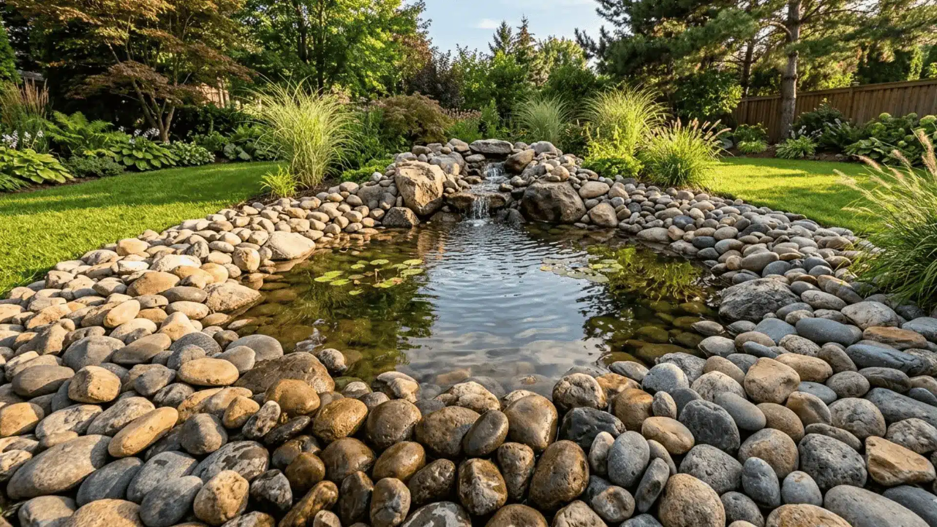 smooth rounded river rocks bordering a backyard water feature surrounded by green lawn and ornamental grass
