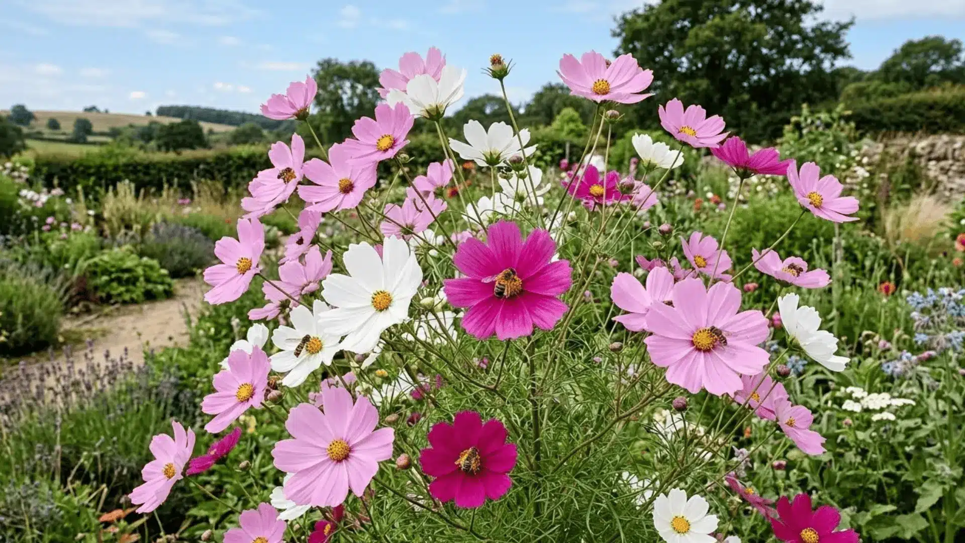 soft pink and white cosmos flowers with feathery foliage blooming in a sunny open garden