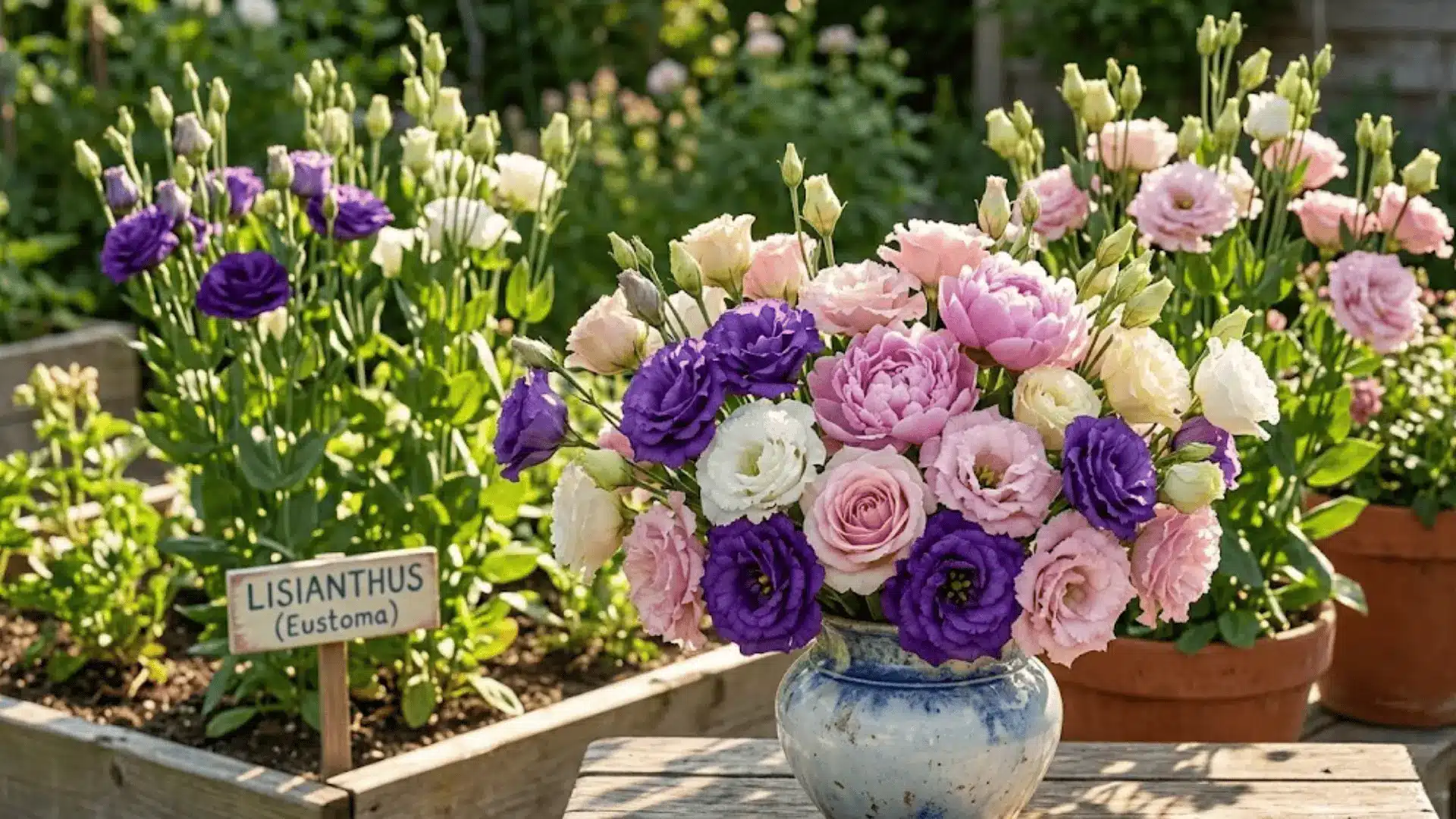 soft purple and white lisianthus blooms with ruffled petals on a stem in a sunny garden