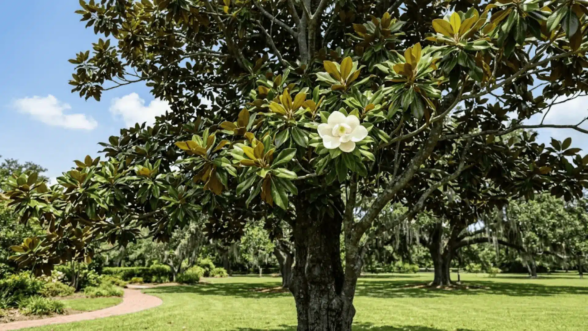 southern magnolia tree with large creamy white bloom and glossy dark green leaves in a sunlit garden