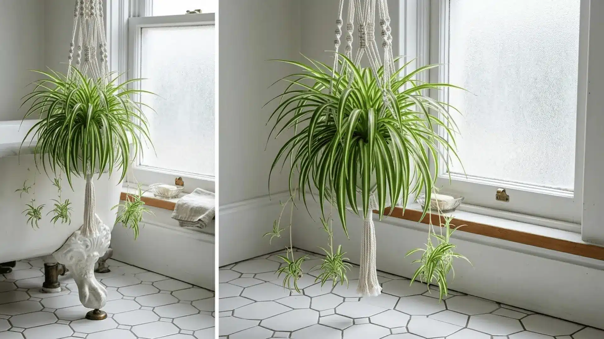 spider plant with striped leaves in a macrame hanger near a frosted bathroom window with hex tile floor