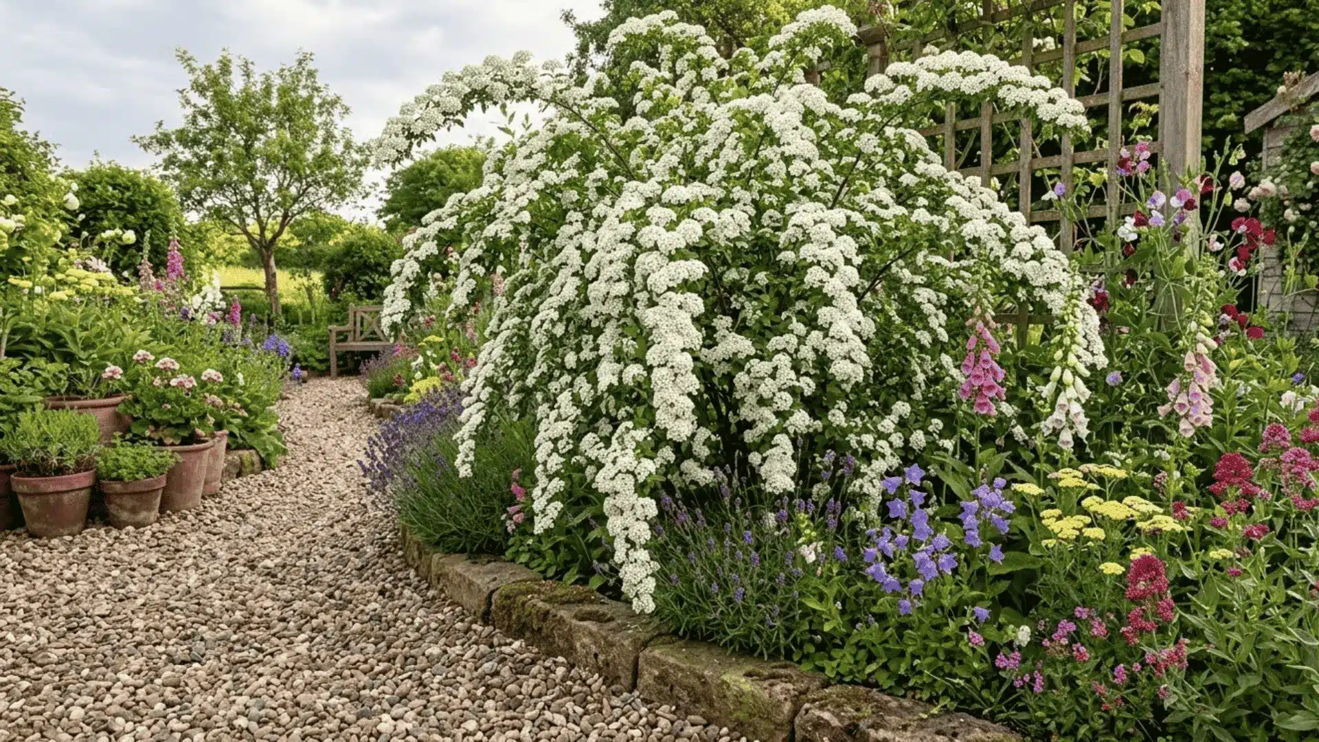 spirea shrub with cascading white flower clusters arching over a cottage garden border