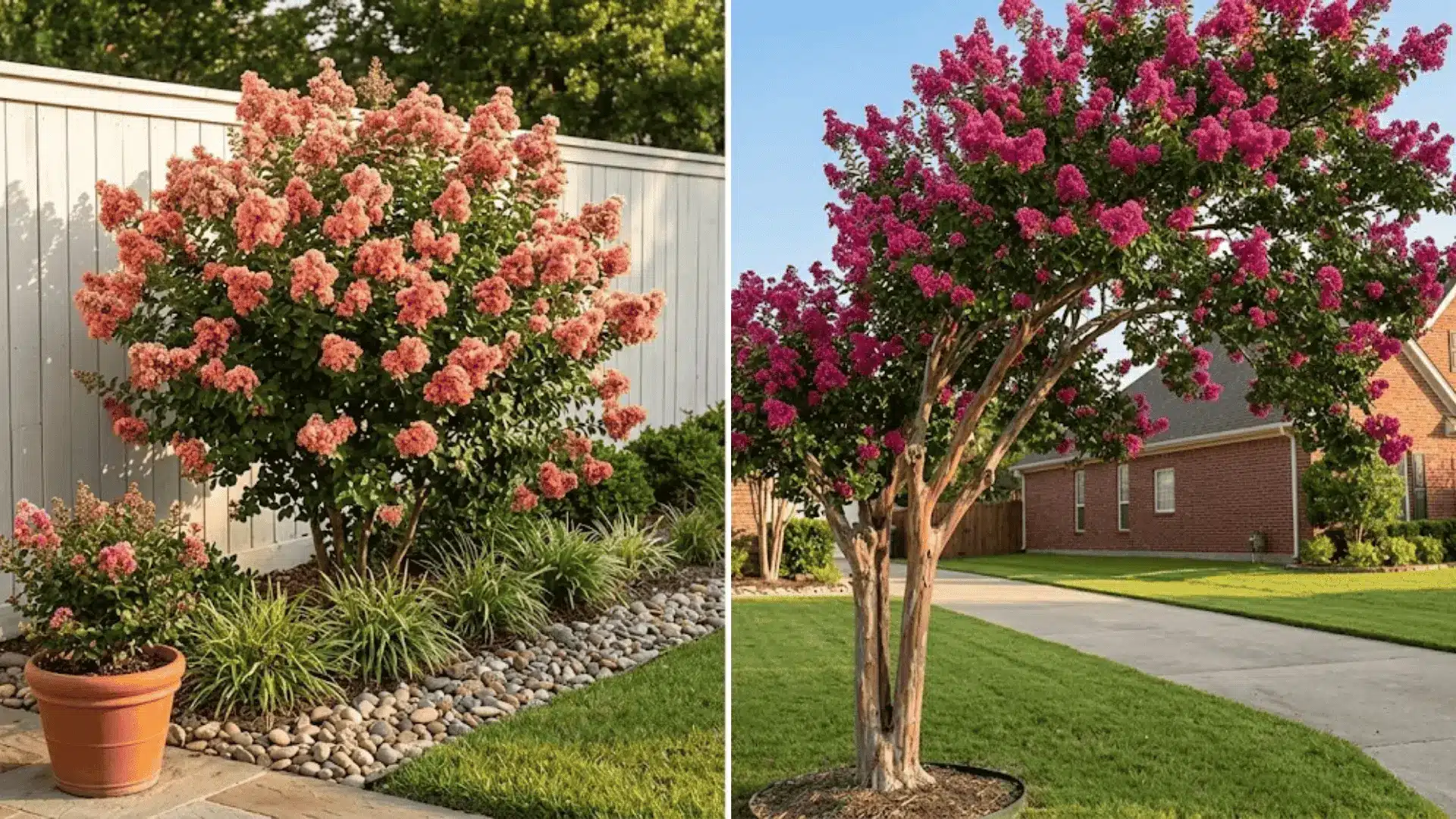 split image showing crepe myrtle bush in garden bed on left and crepe myrtle tree lining driveway on right