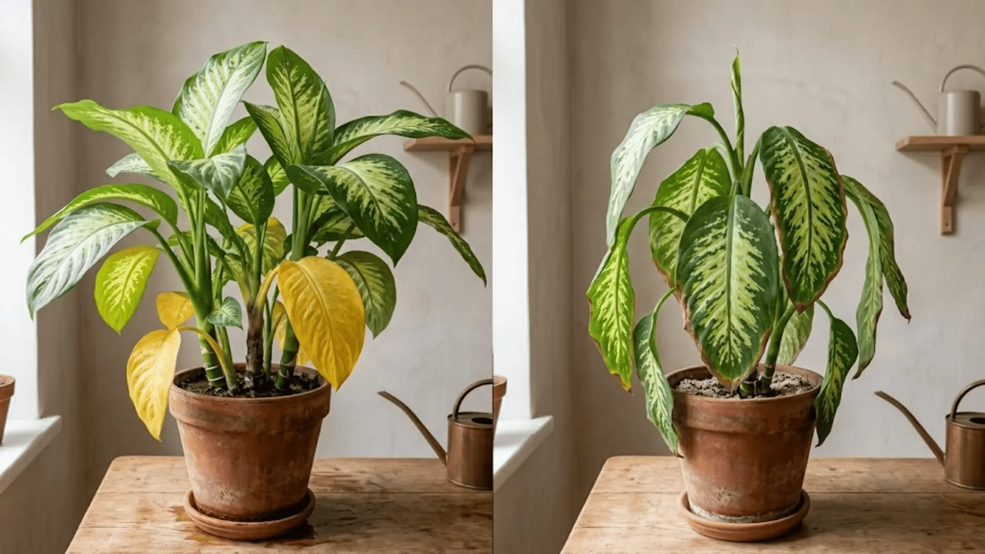split image showing dumb cane with yellow leaves and soggy soil on left, drooping dry-edged leaves on right