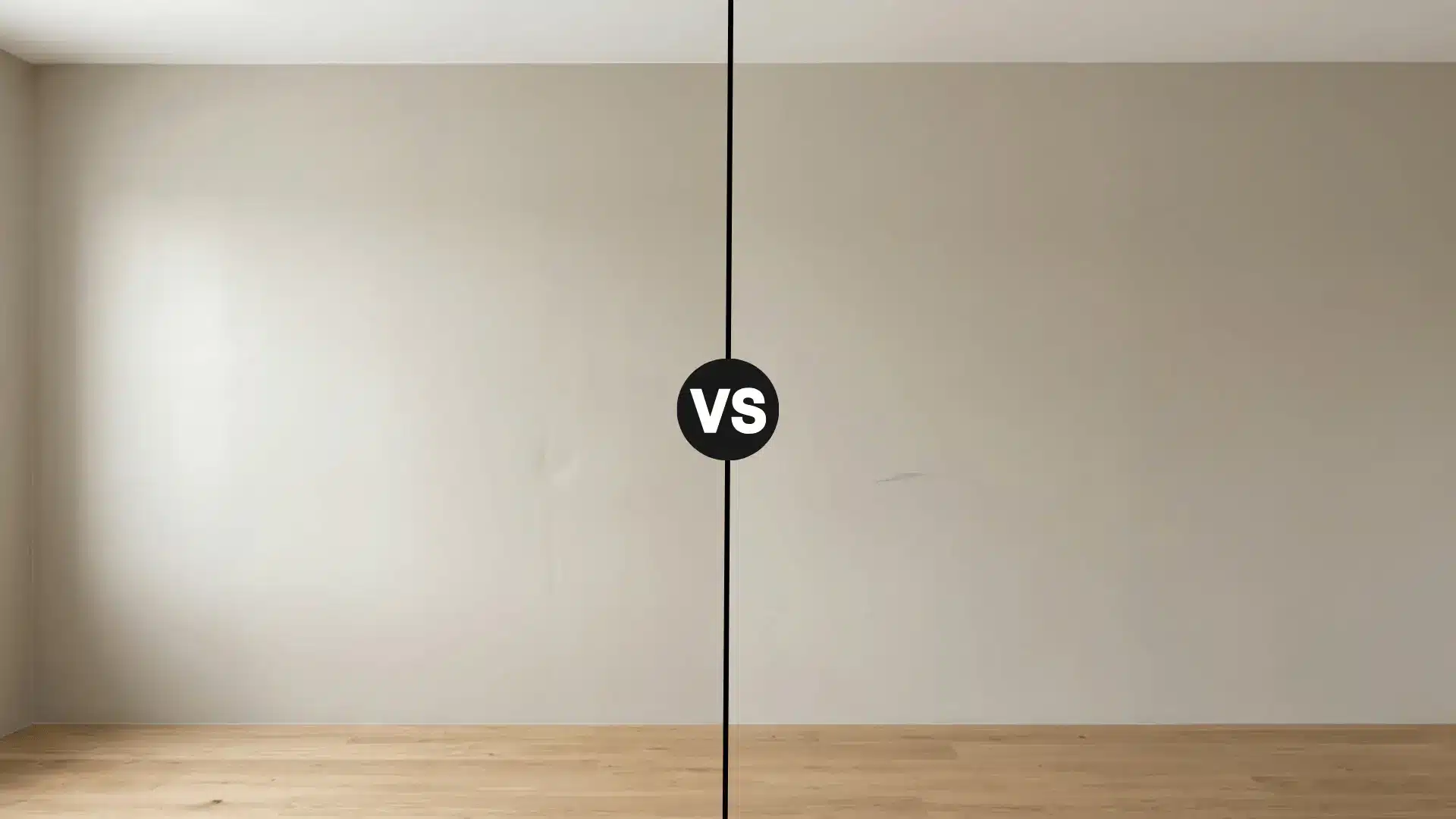 split interior wall showing satin finish on the left and flat matte finish on the right in the same warm greige tone