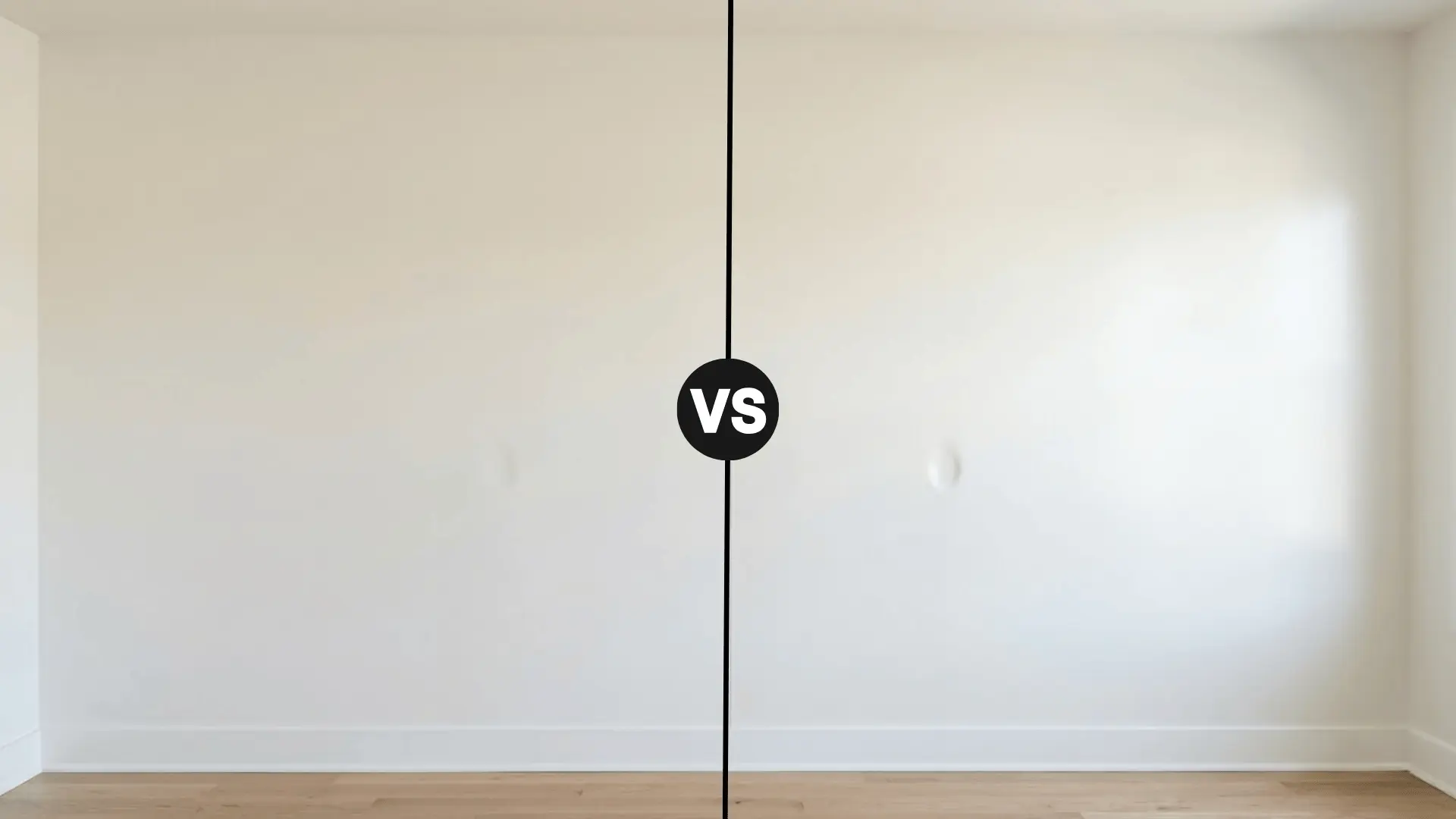 split wall comparison showing satin finish on the left and semi-gloss finish on the right in the same warm white color