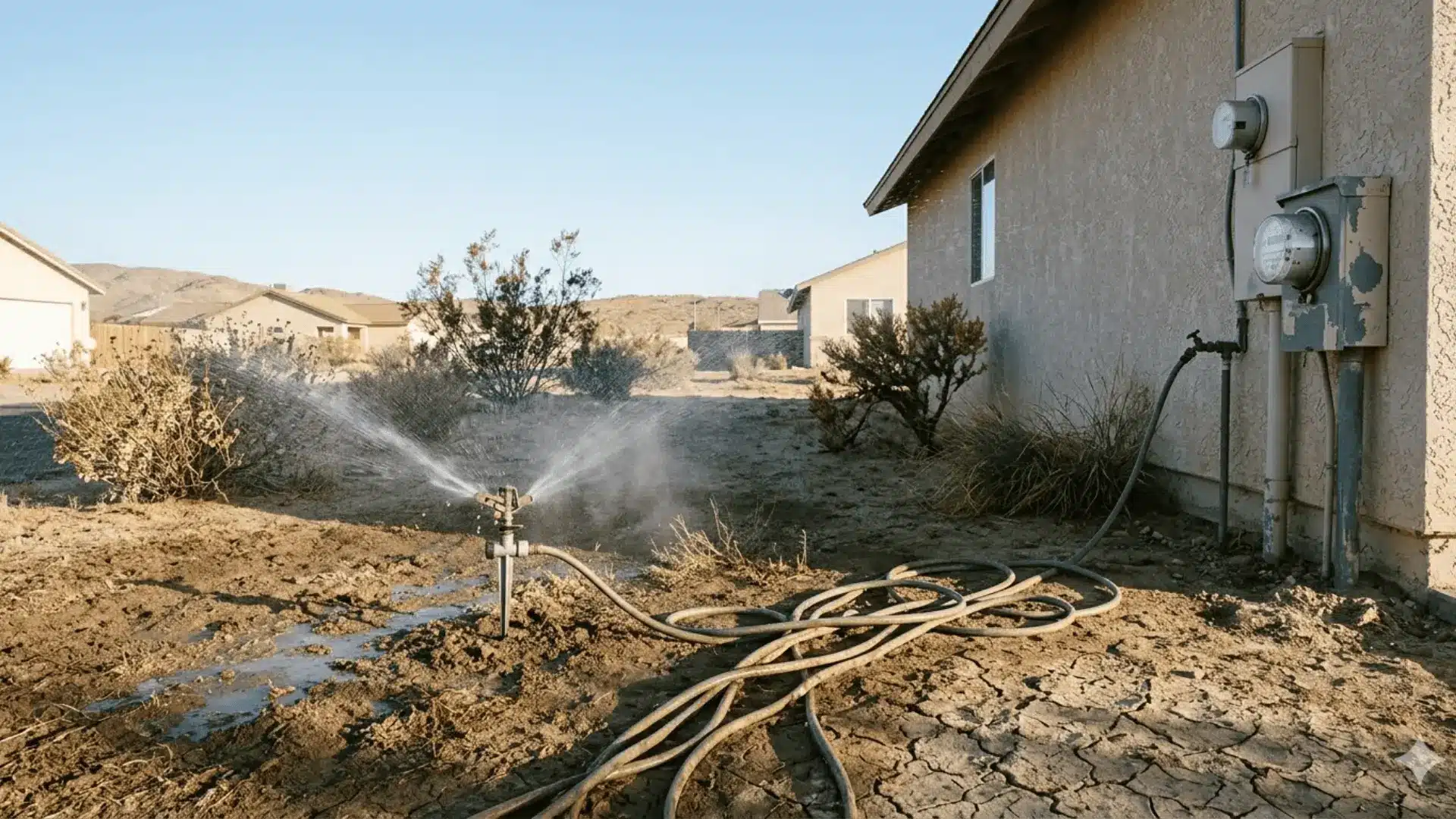 sprinkler spraying water inefficiently across dry patchy desert yard with visible evaporation mist in morning light
