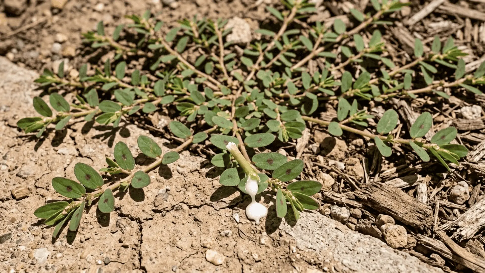 spurge plant with small oval leaves and visible milky sap on dry cracked soil in full sun