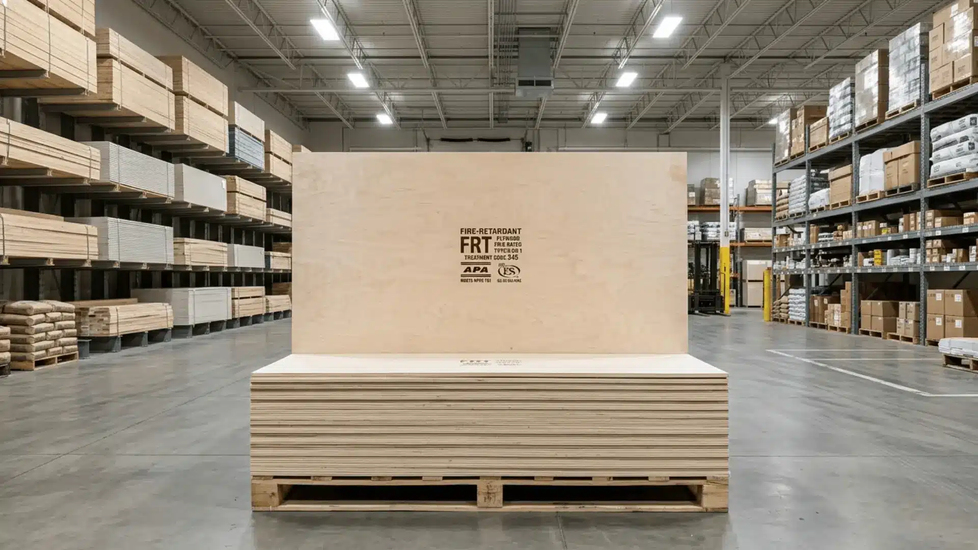 stacked fire-retardant plywood sheets on a warehouse pallet with visible treatment stamp