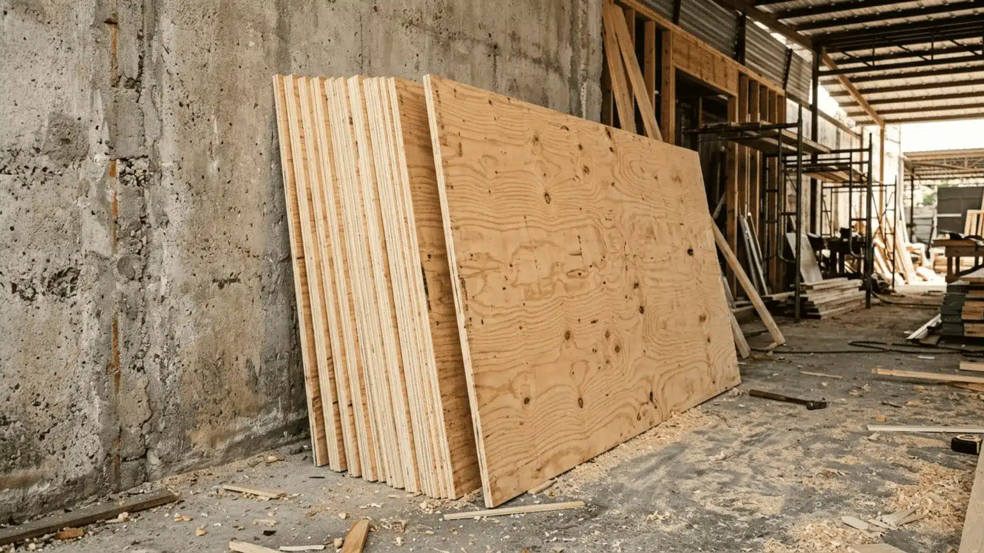 stacked softwood plywood sheets with visible pine grain texture on a construction site