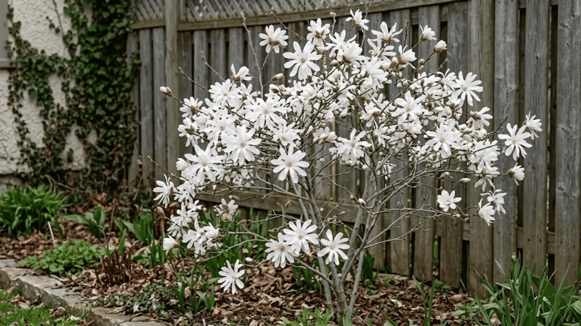 star magnolia shrub in full bloom with white star-shaped flowers along a cottage garden border in spring