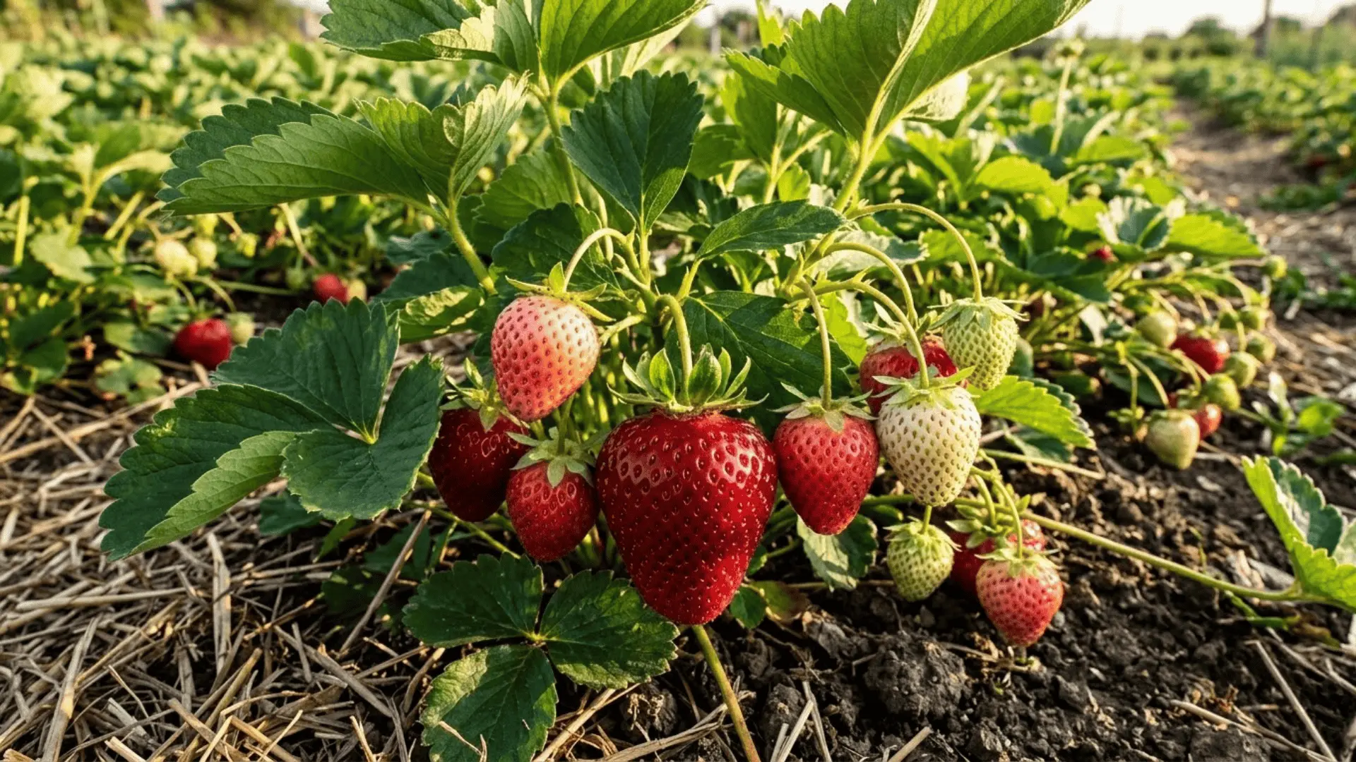 strawberries ripening on a plant from pale pink to deep red in warm natural garden light