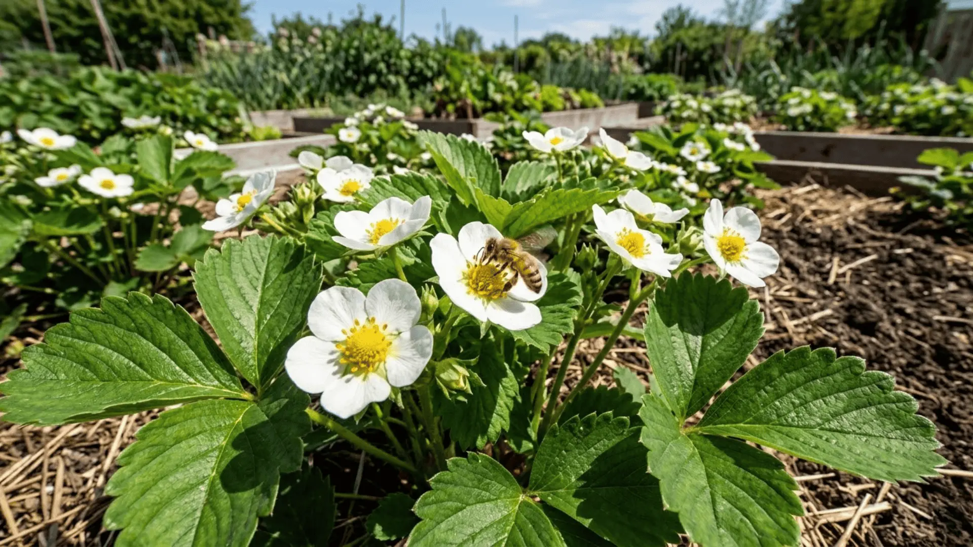 strawberry plant in bloom with white flowers and a honeybee pollinating in a sunny garden