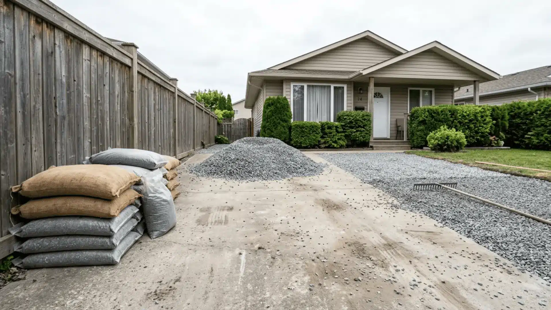 suburban driveway project showing plain bags, a bulk gravel pile, and a partially spread gravel surface